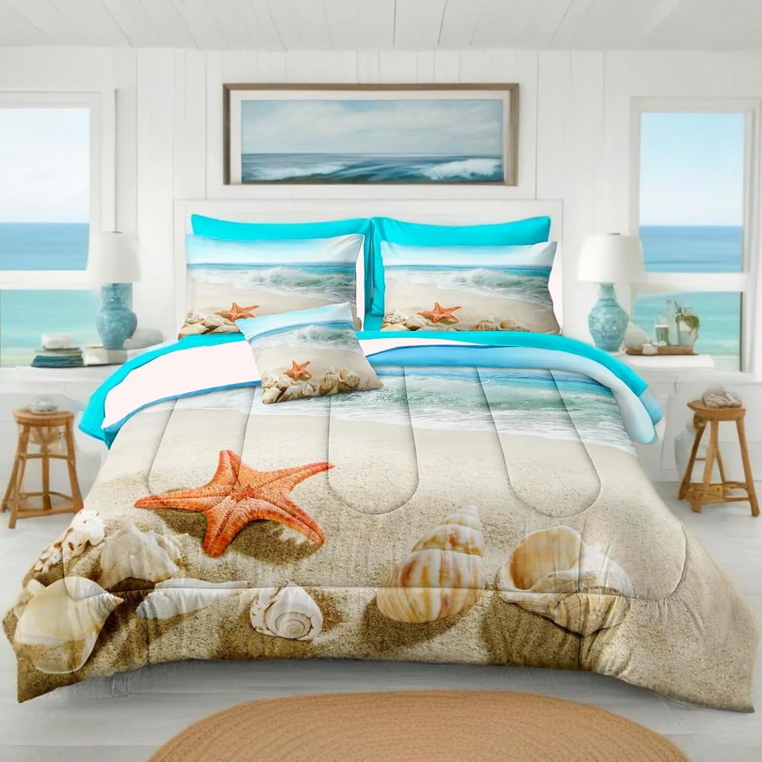 Bedbay Coastal Bedding Girls Boys Full Size Comforter Set with Sheets Beach Themed Bedding Set Ocean Comforter Turquoise Bed Set Full Size Bed in a Bag 8 Pcs Summer Lightweight Comforter(Aqua,Full)