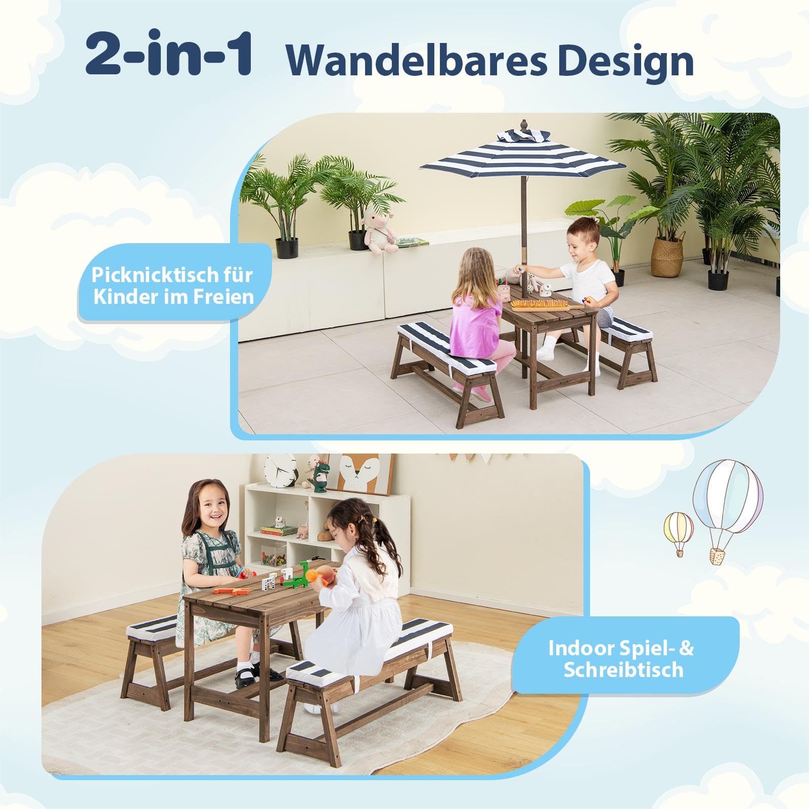 SOARS Kindersitzgruppe, Kinder Picknicktisch mit 2 Bänke & abnehmbarem Sitzkissen, Kindersitzgarnitur mit Sonnenschirm, Sitzgruppe aus Holz, Kinder Gartenmöbel für Outdoor & Indoor (Dunkelblau)