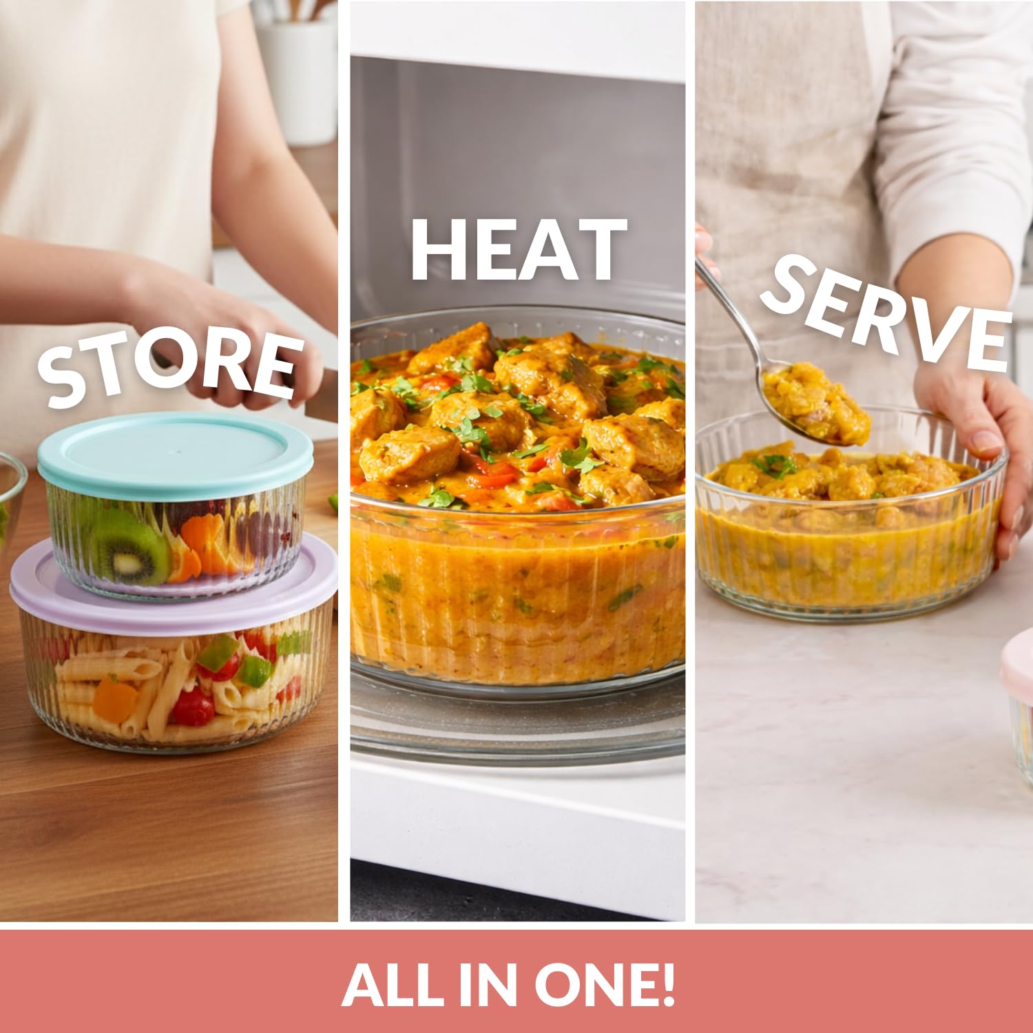 Nestasia Juego de 4 recipientes de vidrio para almacenamiento de alimentos con tapa, aptos para microondas, herméticos, para almacenamiento de alimentos, sobras