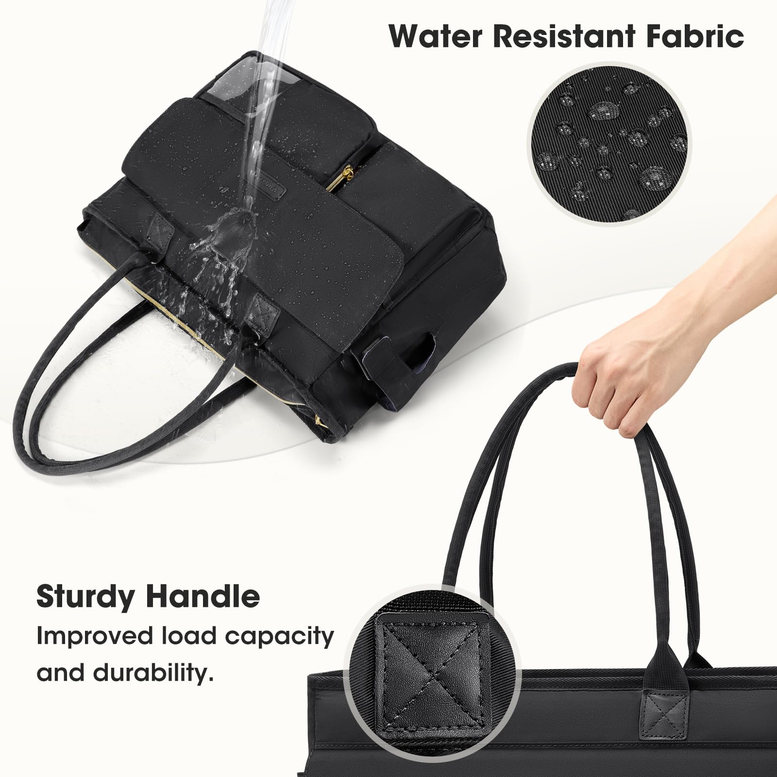 RAINSMORE Lehrertasche Damen mit Lunchfach 17.3 Zoll Laptoptasche Groß Isoliertes Fach Wasserdicht Arbeitstasche für Büro Uni Reisen Shopper Handtasche Schwarz