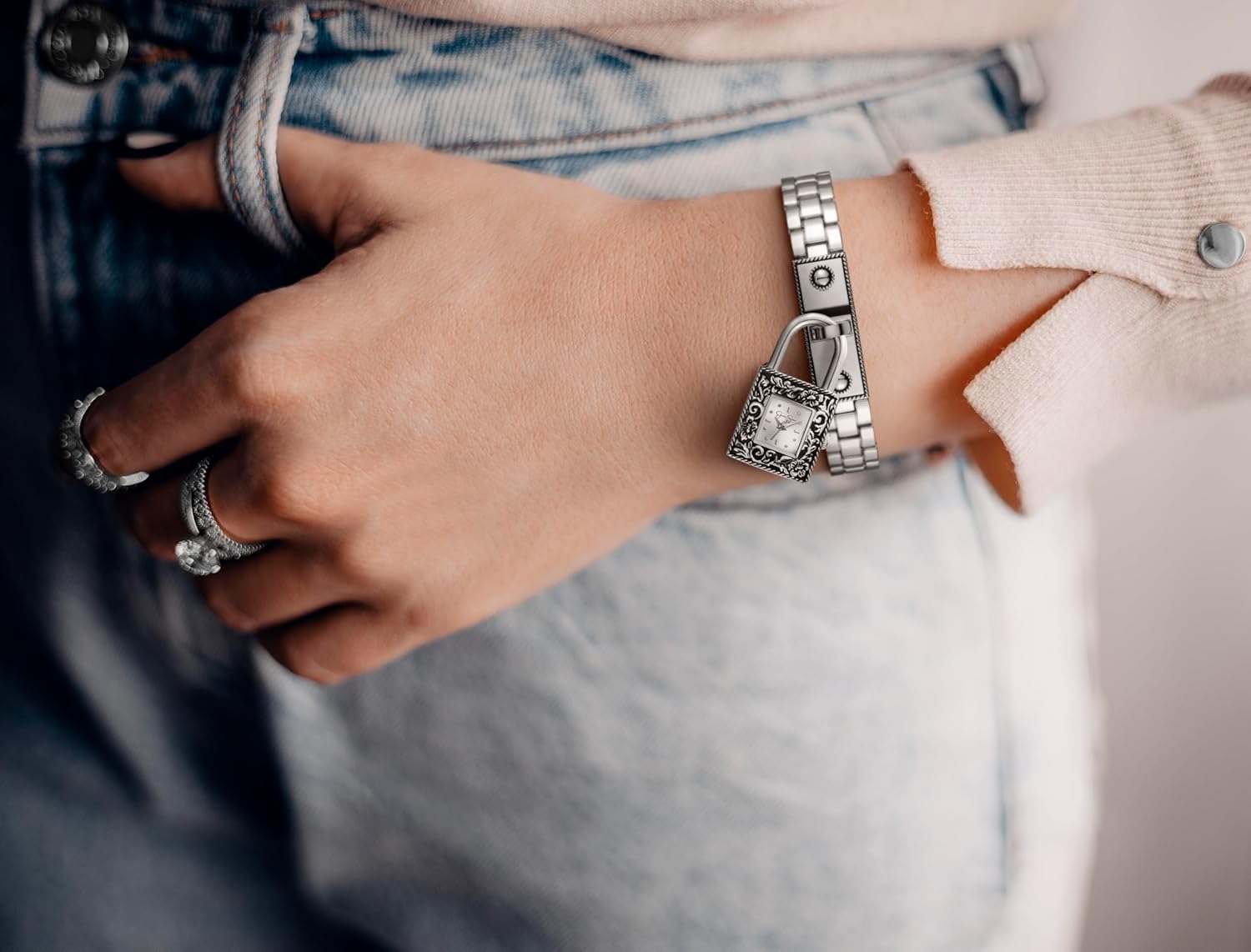 Jessica Simpson Locket Charm Watch for Women - Silver Bracelet, 20mm Square Case, Analog Quartz Movement, Adjustable Metal Band, Gift Box Included (Silver)