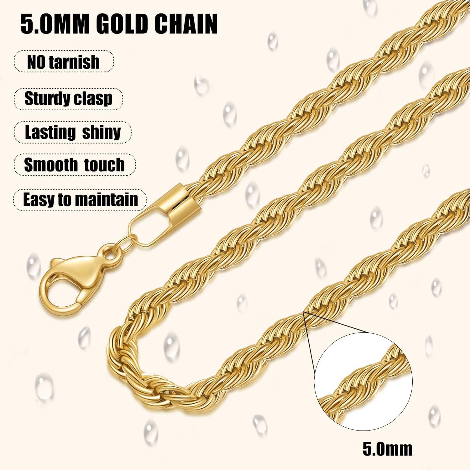 Fiusem 18K Gold Plated Rope Chain for Men, 18K Gold Plated/Black Chain Necklace, Stainless Steel Necklace for Men and Women, Valentine's Day Jewelry Gifts - Image 4