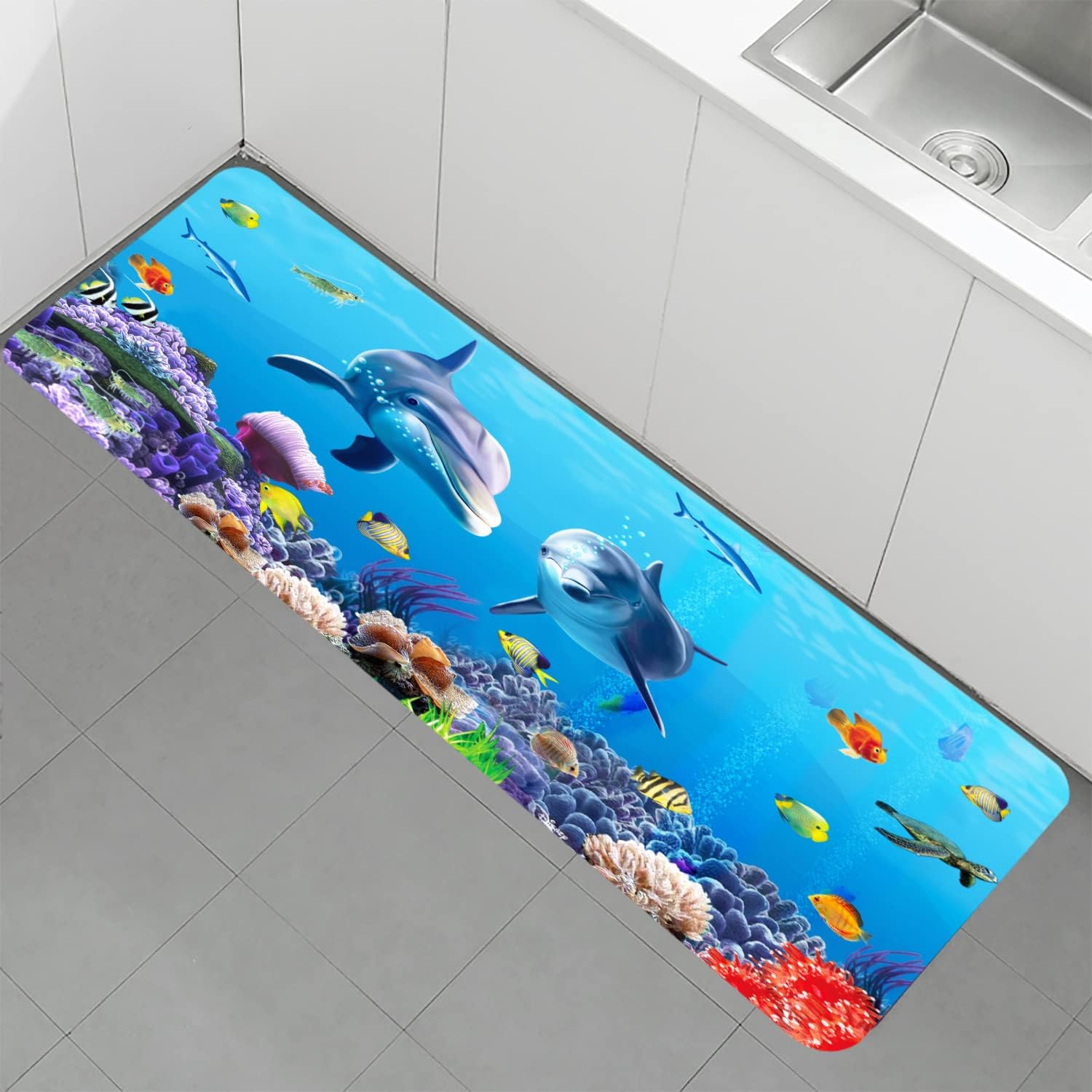 LYFANS Dolphin Ocean Memory Foam Bath Mat, Non-Slip Absorbent Flannel Bathroom Rug, Soft Quick Dry Shower Floor Mat for Tub, Kitchen, Bedroom (18"x47")