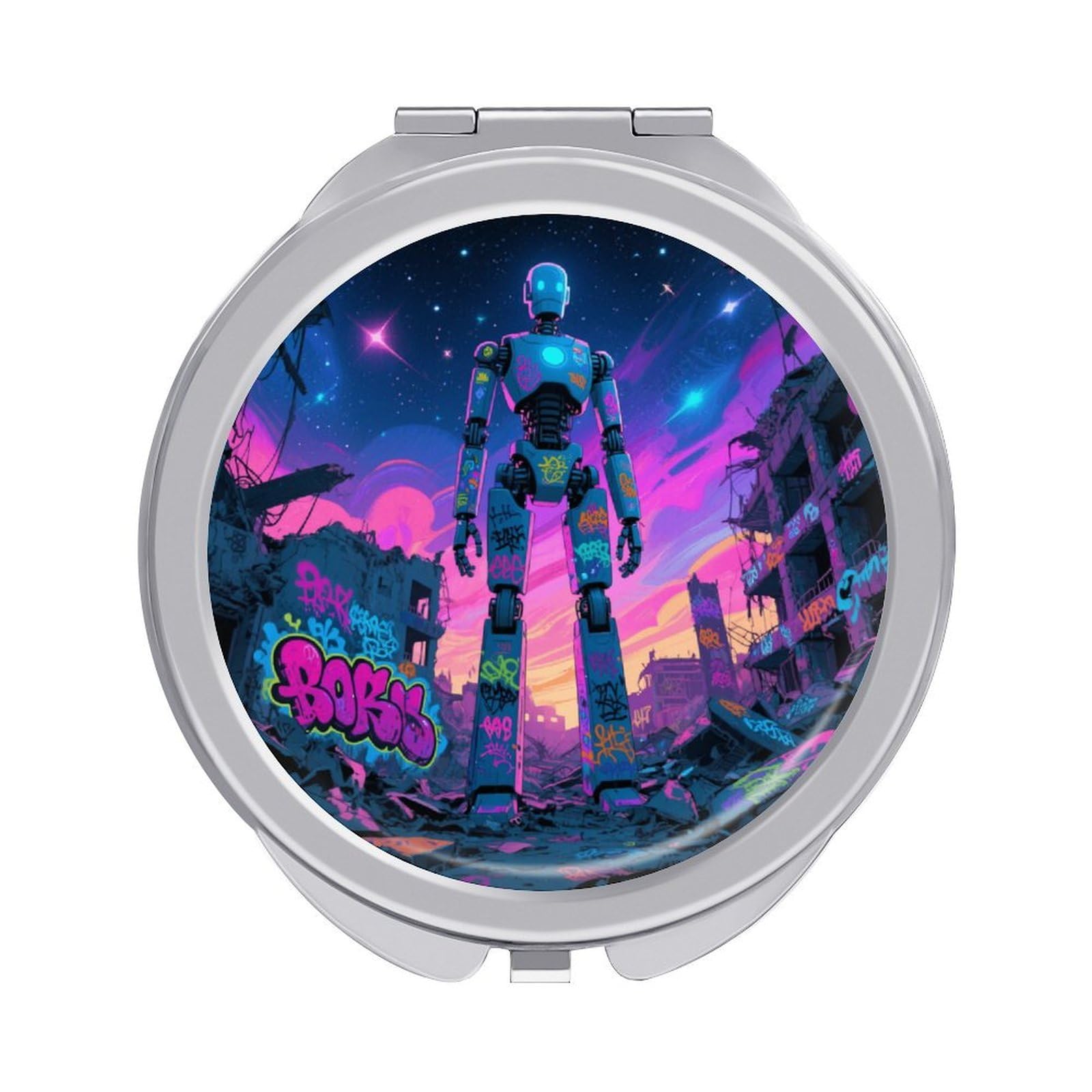 Fekiloot Style Graffiti Robot Travel Makeup Mirror Handheld Compact Mirror Portable Pocket Mirror Double-Sided 1X/2X Magnifying For Handbag And Purses