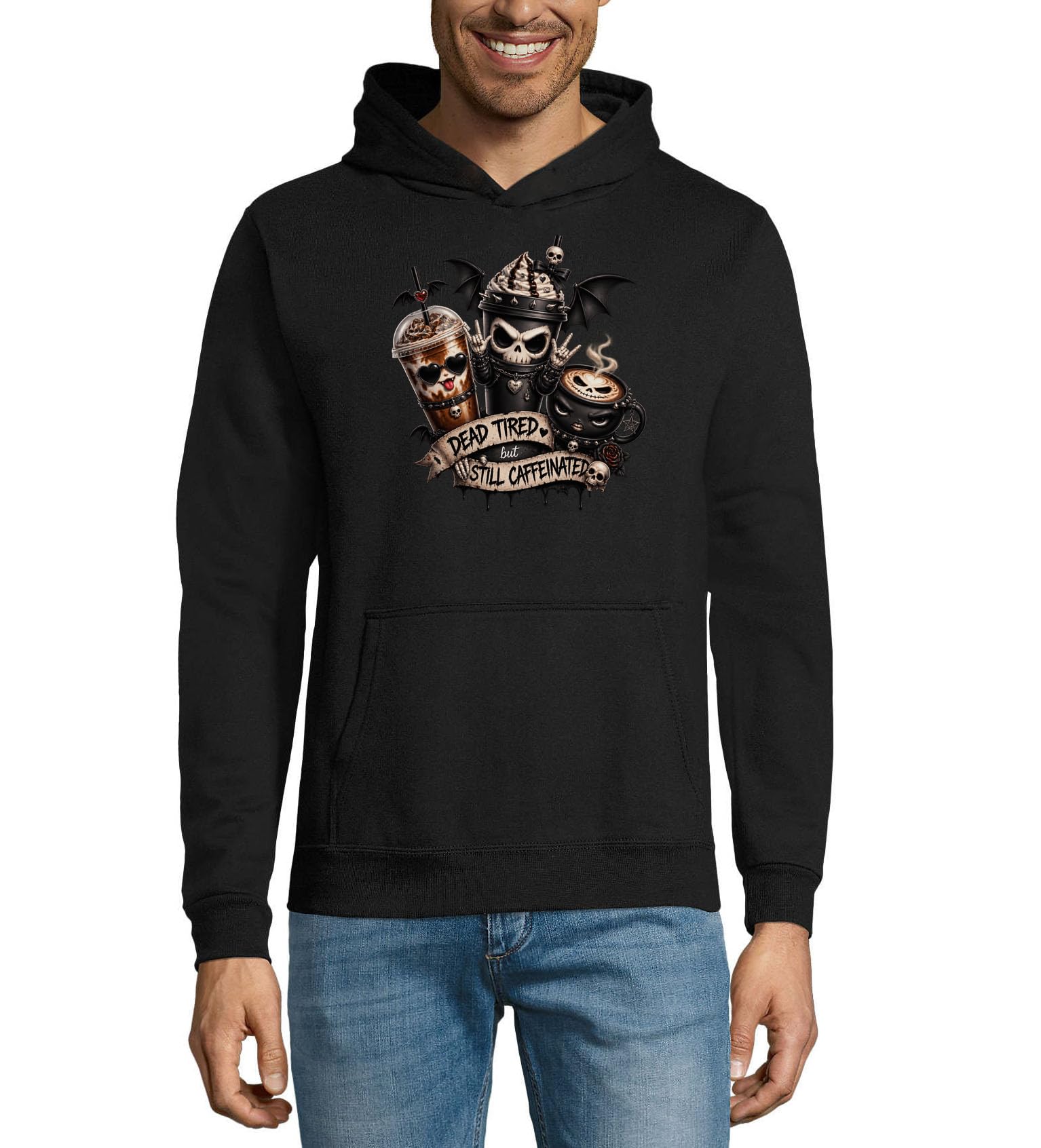 Ciemne gotyckie postacie kawowe z postawą unisex mieszanka bawełny bluza z kapturem bluza z kapturem czarna