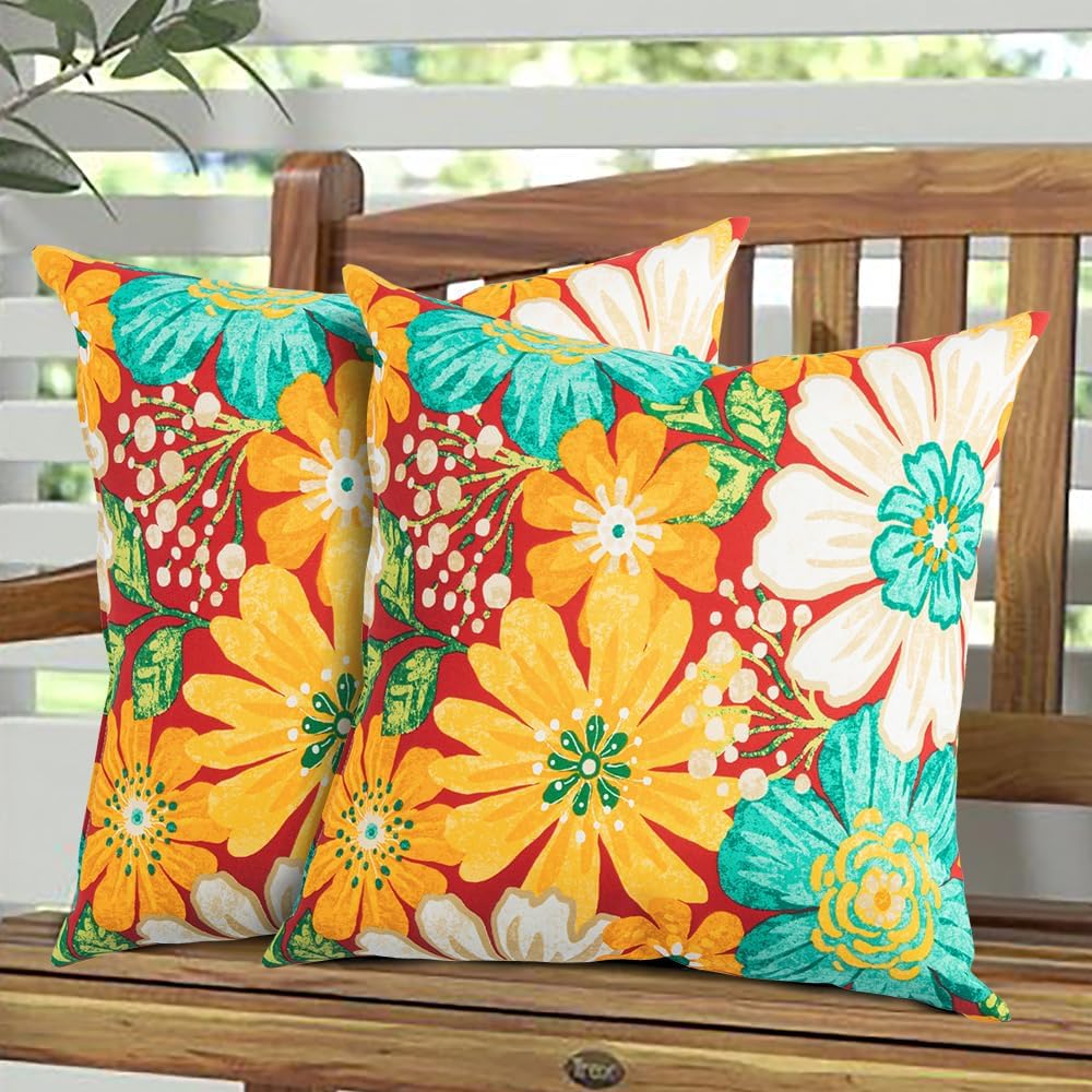 Magpie Fabrcis Pack of 2 Outdoor Waterproof Throw Pillow with Insert 18 x 18 Inch, Christmas Decorative Back Cushion Pad for Garden Patio Tent Balcony Couch Sofa (Embry Red Hibiscus)