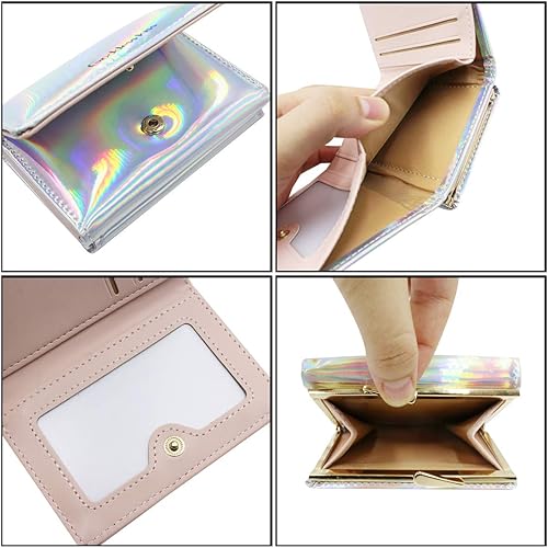 Vista 5 de Cartera triple plegable para mujer, brillante, holográfica, moneda, monedero, tarjetero organizador