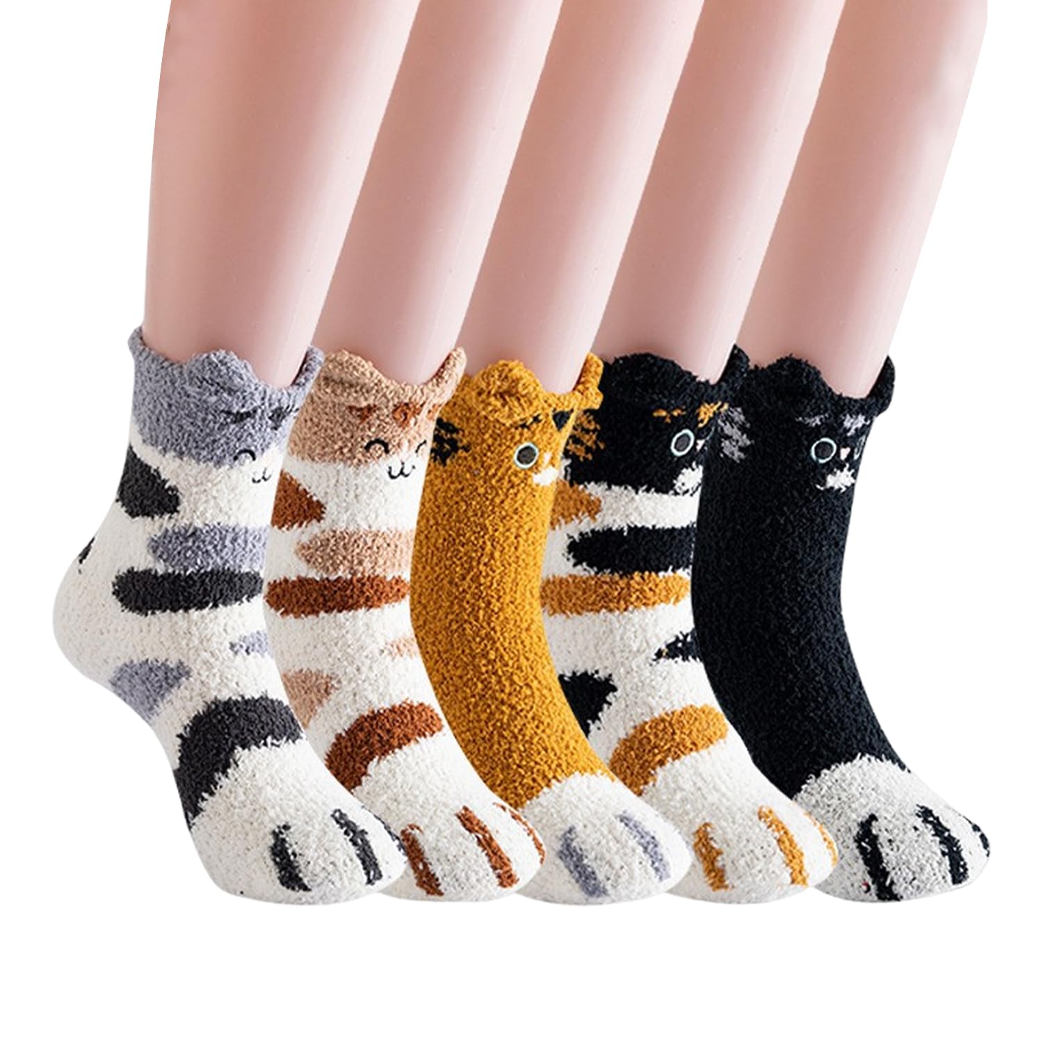 Wufgwbd Unisex Khaki 5 Pieces Of Ladies Coral Fleece Cat Claw Socks, Plush Warm Sleeping Socks, Soft And Comfortable, Birthday Gift For Girlfriend.