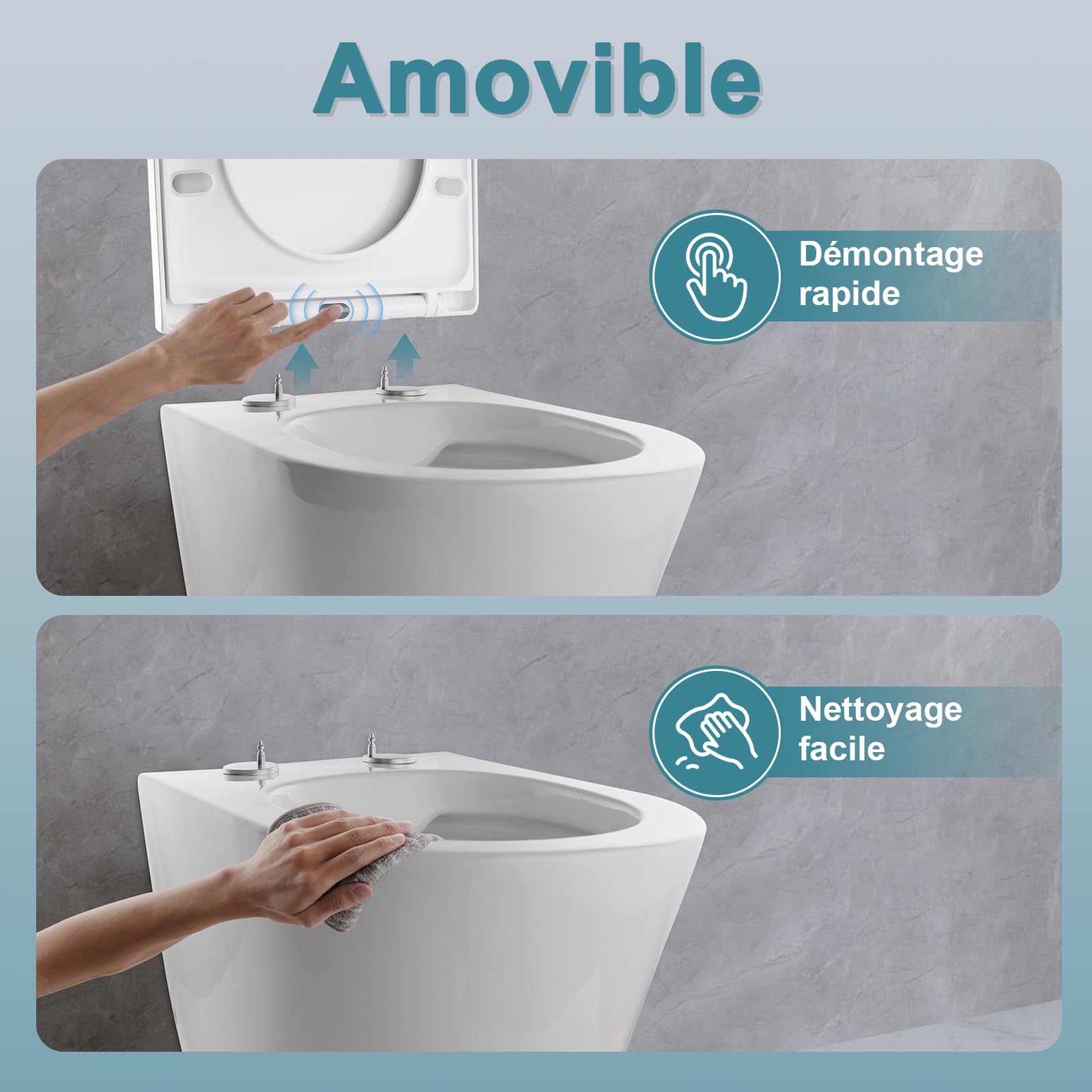 Abattant de WC avec système d'abaissement automatique, 430 x 360 mm, court en D, siège de toilette en forme de D, blanc, lunette de WC Soft Close