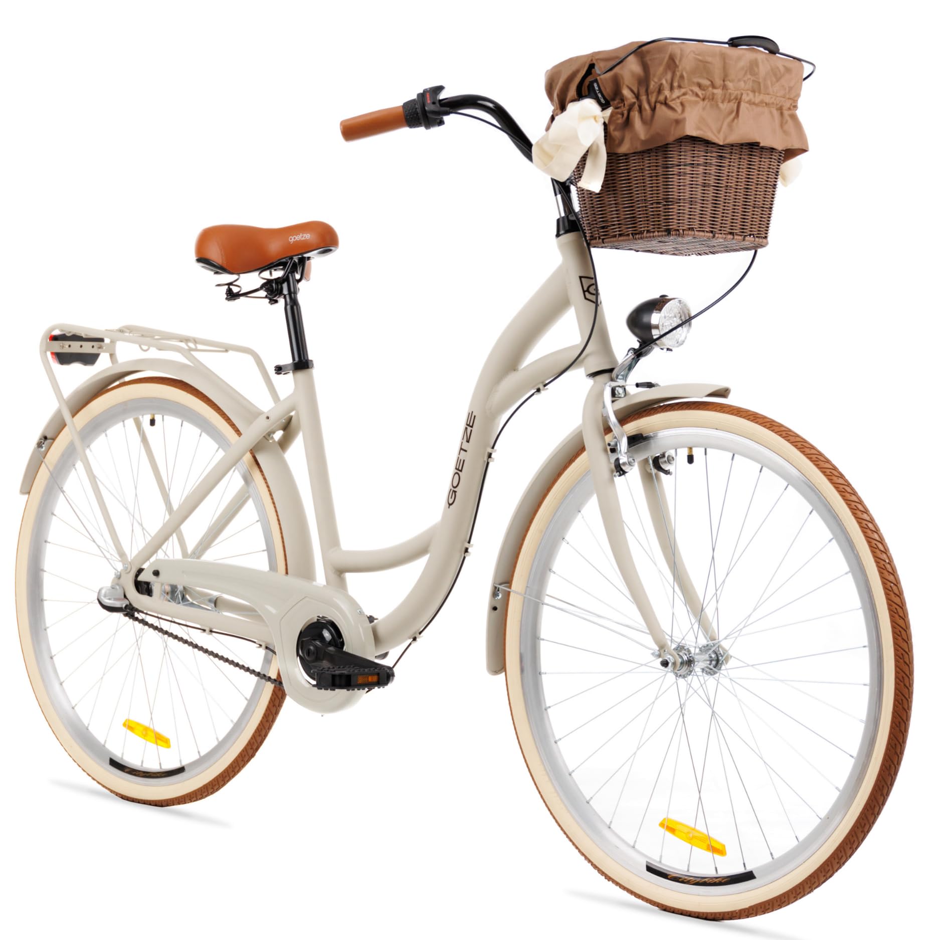 Goetze Style 28 Zoll Damen Citybike, 18 Zoll Tiefeinsteiger Aluminiumrahmen, 3-Gang Nabenschaltung, Rücktrittbremse, V-Bremse, LED-Beleuchtung, Rattankorb, Komfortsattel, mit Ständer & Klingel