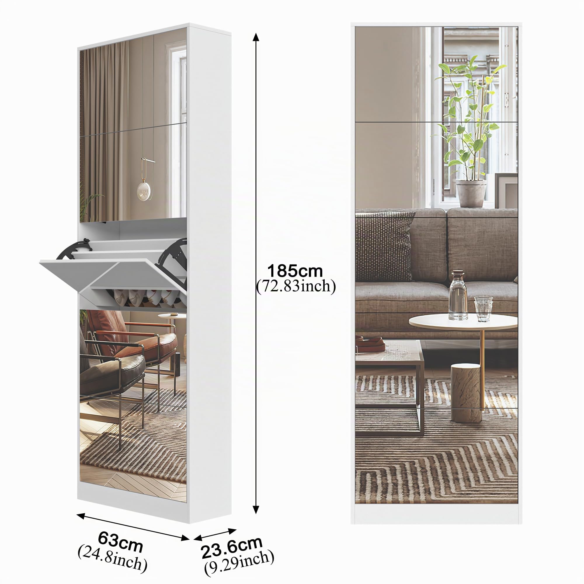 Shoe Storage Cabinet with 185cm Full Length Mirror, 30 Pairs & 5 Flip Drawer, Free Standing Shoe Rack Cabinet, Narrow Shoes Organizer for Front Door, Entryway (2 scaffale)