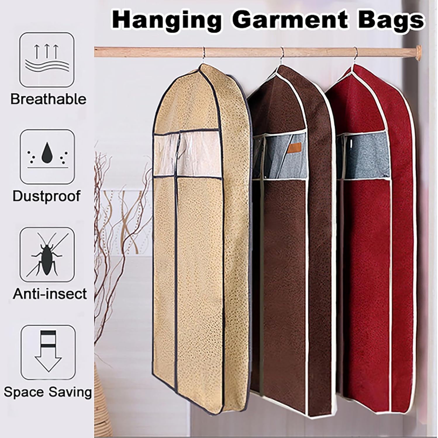 Confezione da 3 Copriabiti Traspiranti - Sacchetti Antipolvere in Tessuto Non Tessuto per Abiti, Ideali per Appendere Vestiti, per Viaggi E per Riporre Cappotti E Abiti Brown 108cm/42.5in