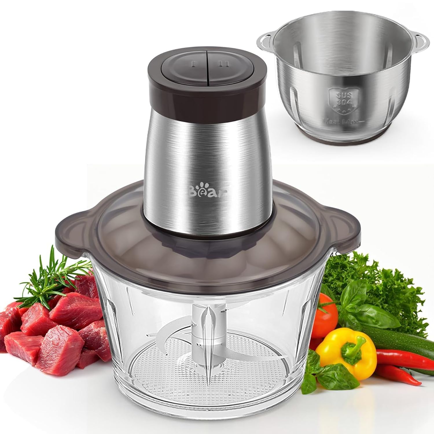 Bear 2L+1.8L 600W Electric Food Processors & Chopper with Glass Container and 304 Stainless Steel Container, 2 Speed Settings, 4 Stainless Steel Blades for Chopping Meat, Baby Food, Fruit, Vegetable 2.0L+1.8L