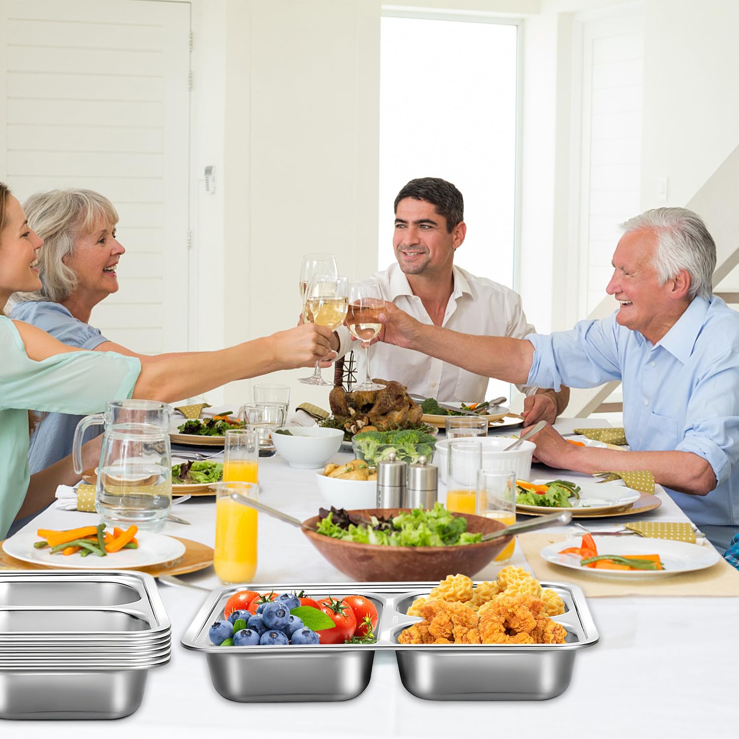 Lot de 8 assiettes divisées en acier inoxydable - Plaques rectangulaires de contrôle des portions - Plateau alimentaire en métal pour dîner, camping, contrôle des portions alimentaires