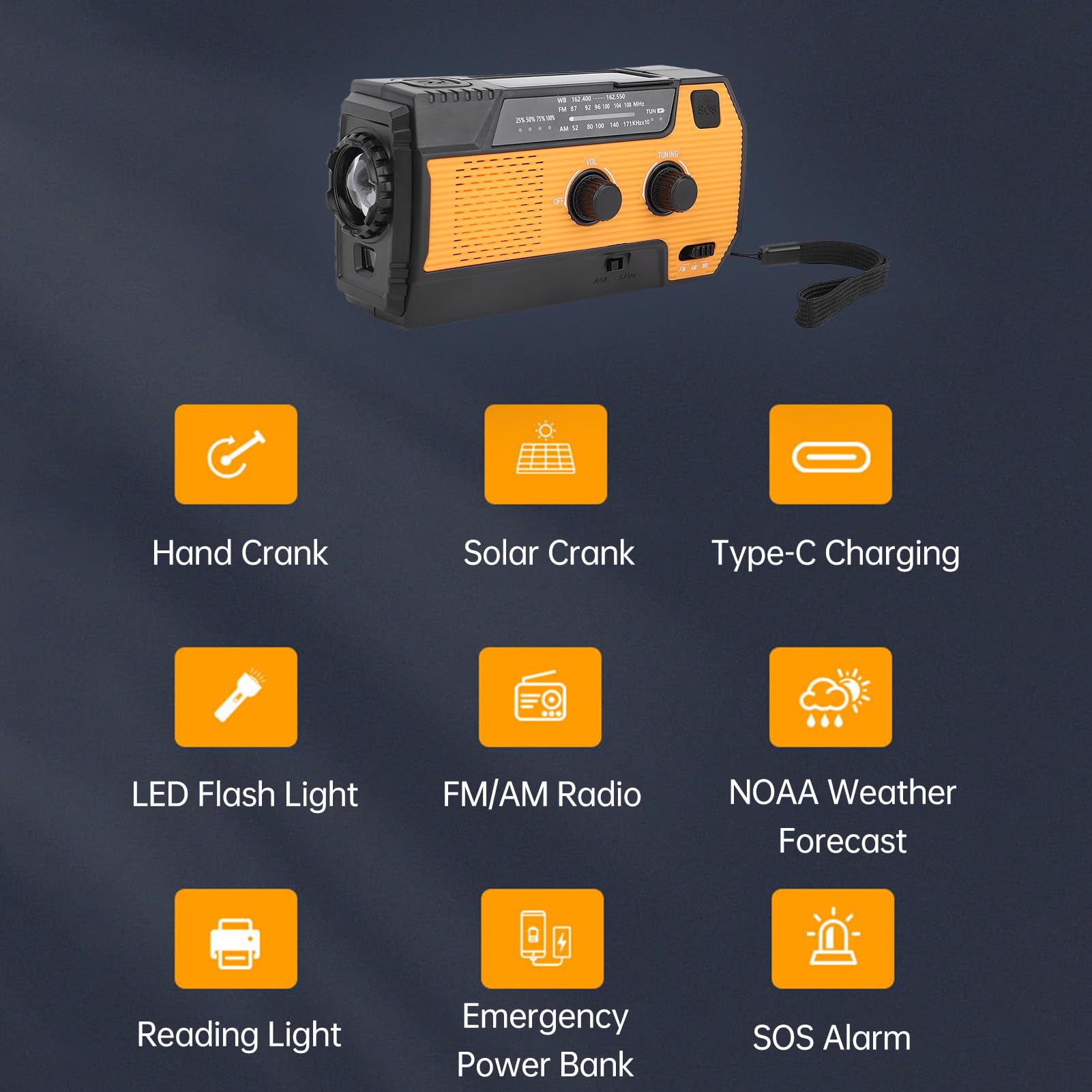 Radio d'urgence,Radio Solaire AM/FM avec Dynamo à manivelle, Chargeur USB Rechargeable 4000 mAh, Alarme SOS et Lampe Torche LED, idéale pour la Maison, Le Camping et la randonnée