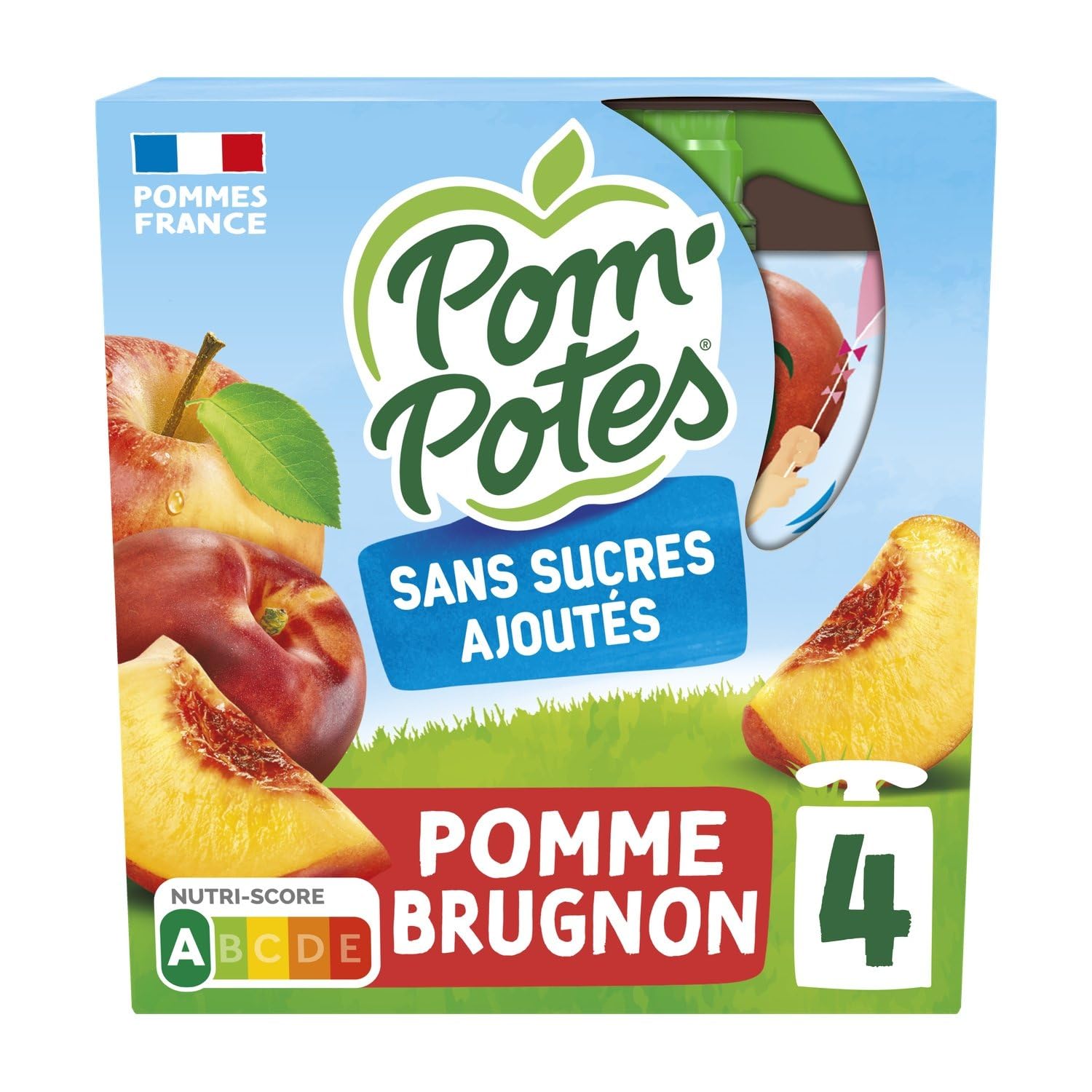 Un goûter fruité pour les petites mains curieuses - Compotes pomme brugnon sans sucres ajoutés POM'POTES - Lot de 4