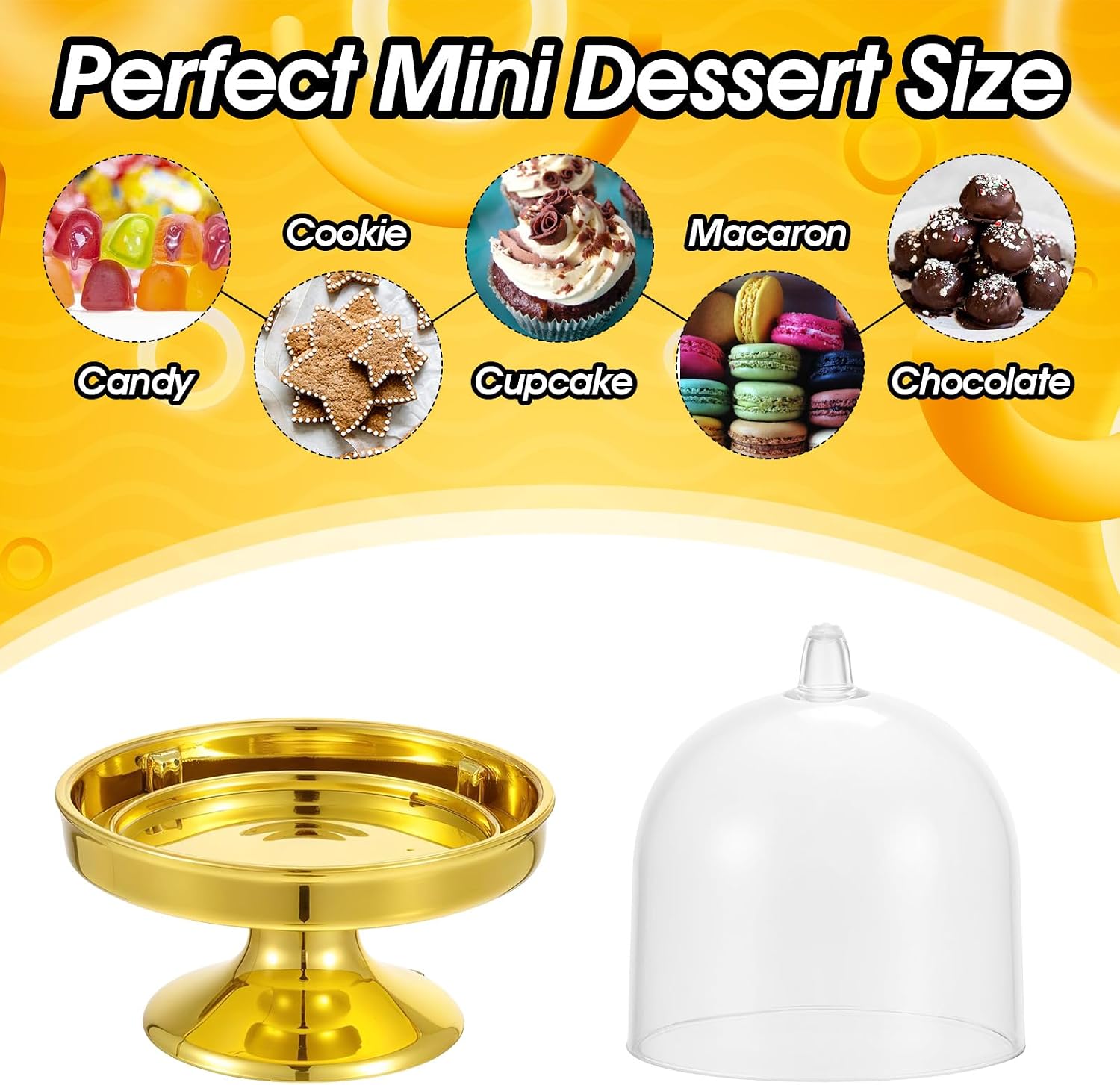 36 Pack Mini Cake Stand with Dome Lid, Plastic Dessert Display Stand Holder – Gold Base & Clear Cover for Cupcakes, Chocolate, Macarons, Wedding, Birthday, Party Supplies