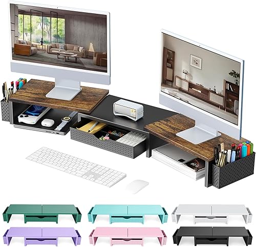 gianotter Soporte elevador de monitor doble, organizador de escritorio con cajón y 2 soportes para bolígrafos, soporte para monitor de computadora,