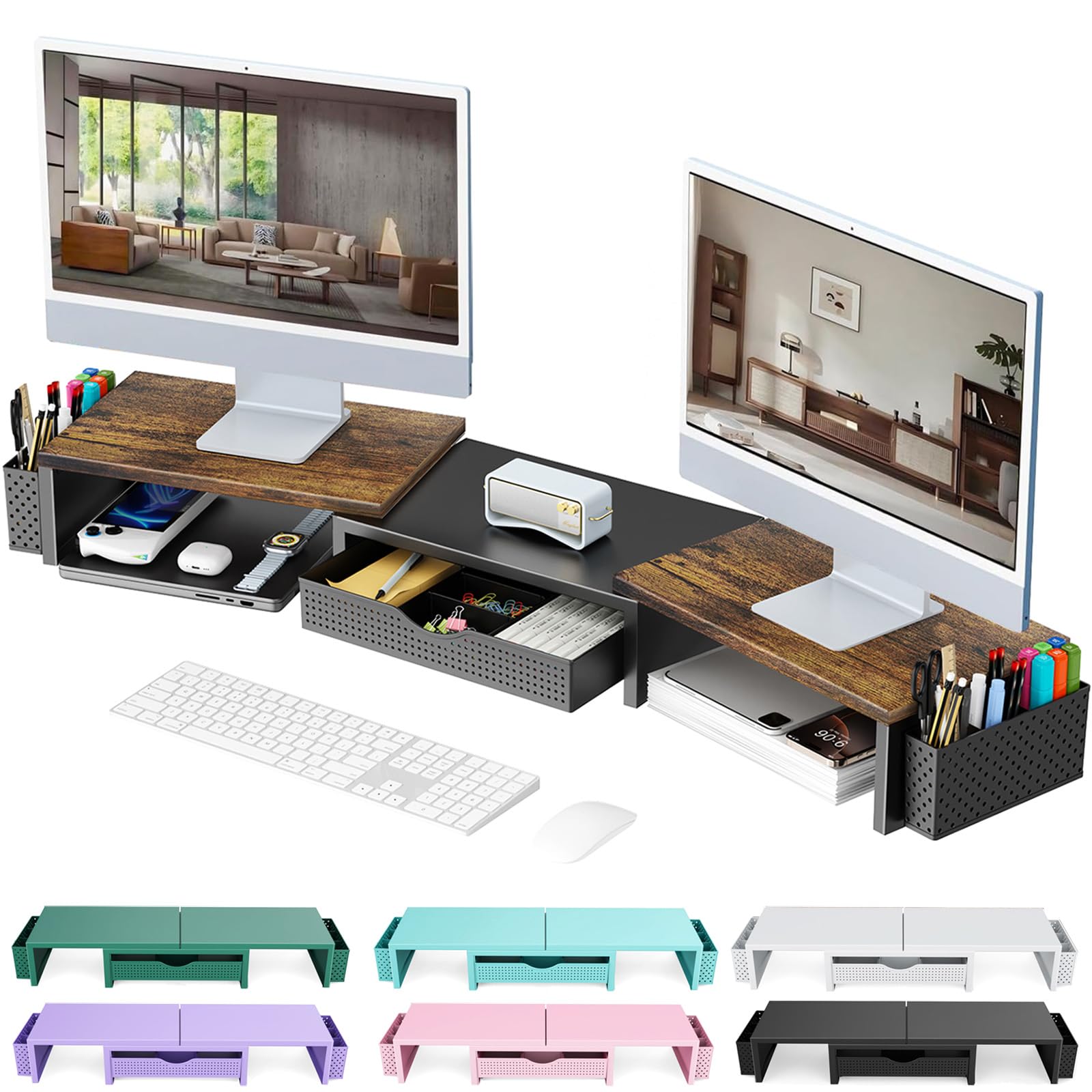 gianotter Dual Monitor Stand Riser With Drawer and 2 Pen Holders | Wood Computer Monitor Stand Desk Organizer and Accessories Desk Shelf for Top of Desk (Wood)