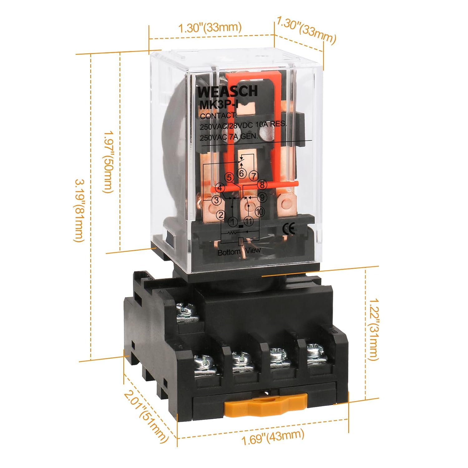 10Pcs Power Relay MK3P-I, AC 110V Coil, DPDT, 11 Pin, with Plug-in Terminal Socket Base PF113A (10)