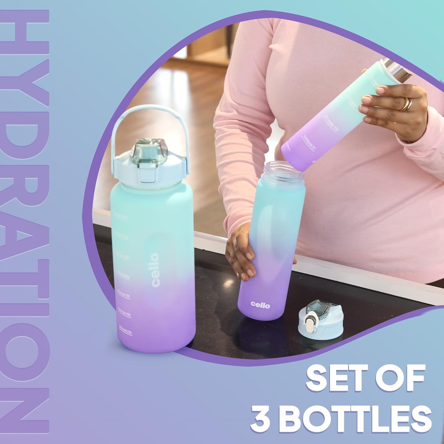 CELLO All Day Plastic water bottles | 3 pcs | 310ml, 790ml, 2085ml | BPA Free | Leakproof lid | Easy to hold handle | Time Marked Water Lines | Hydration bottle for gym, school, & office | Sea Green