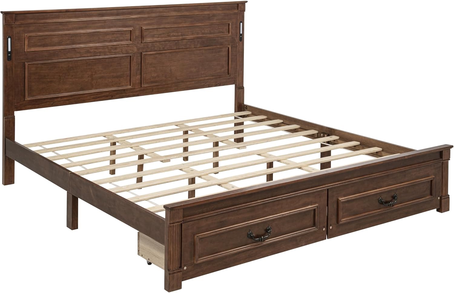 PVWIIK King Bed Frame with LED Light and Storage Drawers,Heavy Duty Pinewood Bed with Tall-Panel Headboard & Charging Station,Wood Slats, Noise Free, Easy Assembly,Walnut