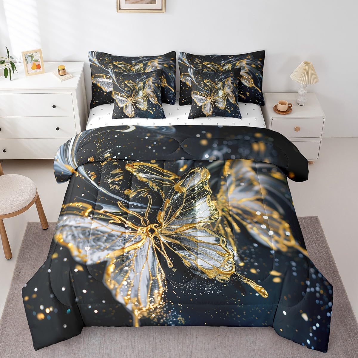 Feelyou Full Size Butterflies Comforter Set Kids Boys Girls Golden Butterflies Wing Bedding Set - 7 Piece Bed Set Includes Comforter, Sheet Set, Pillowcases & Pillow Covers - Super Soft Breathable