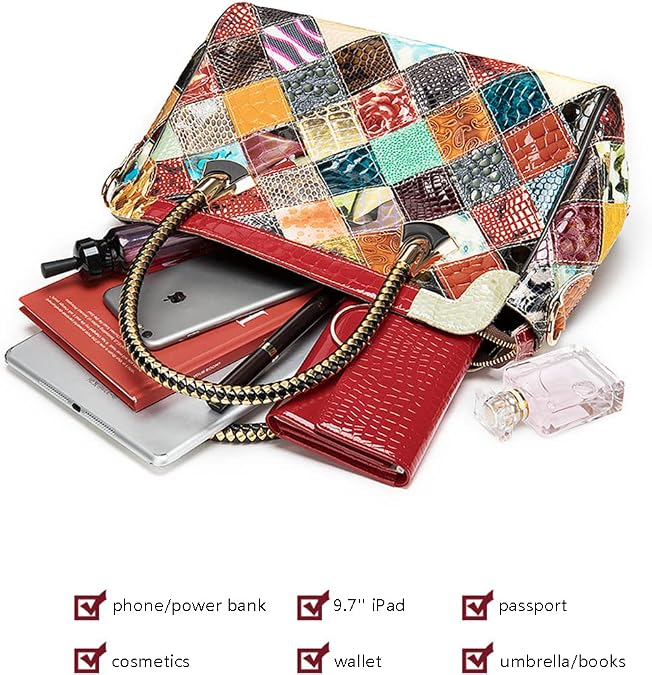 Women Retro Leather Handbag Multicolor Cowhide Shoulder Purse Splicing Satchels