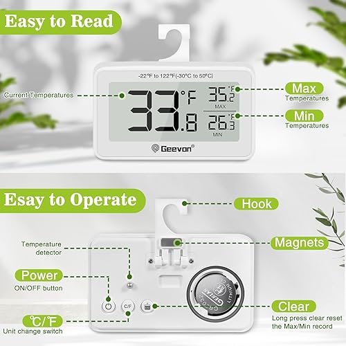 Miniatura 5 de Geevon Paquete de 2 termómetros para refrigerador, termómetro digital para nevera, impermeable IP65, con gran pantalla LCD, función de grabación