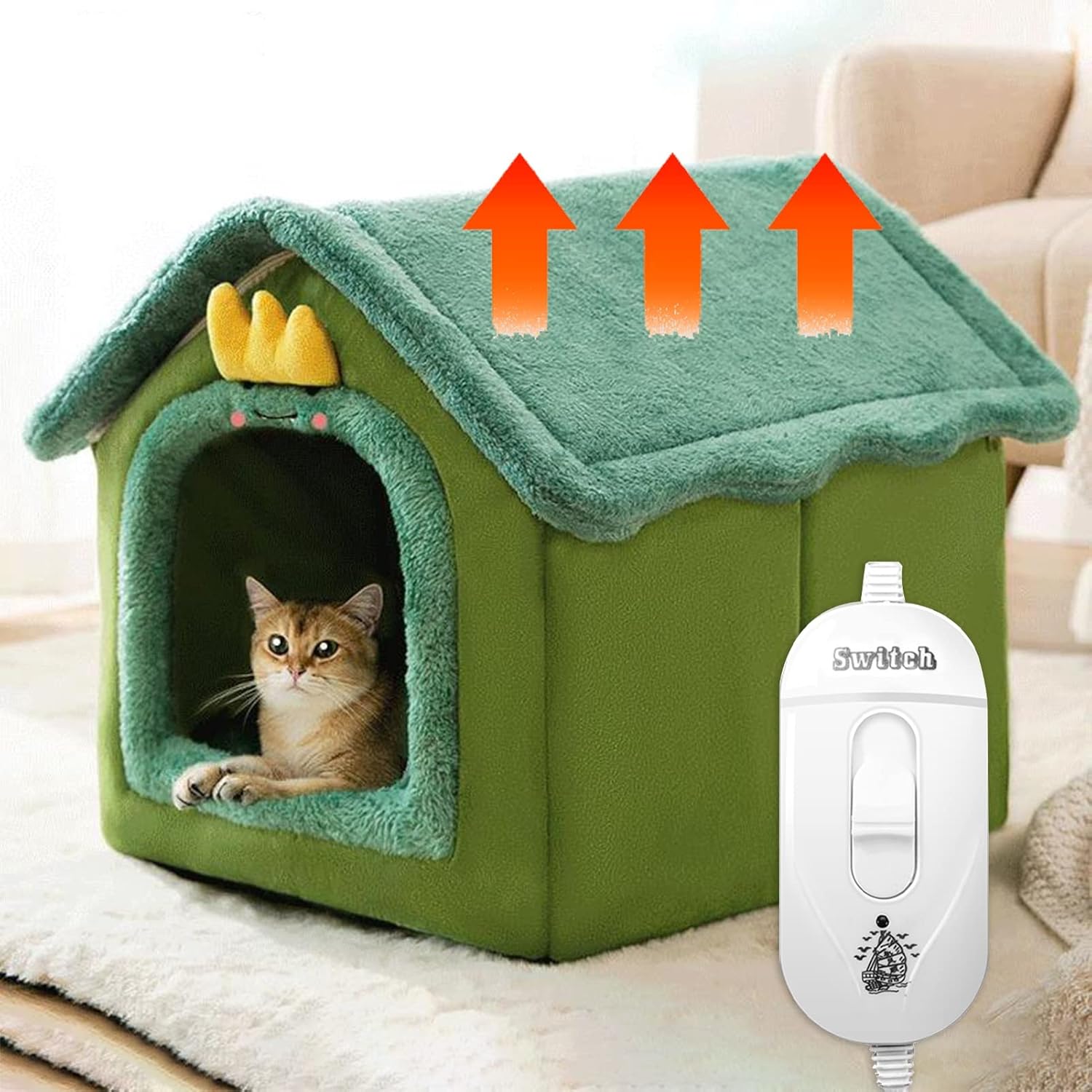 ROYUMI Electric Heating Flannel House for Pets, Heated Cat/Dog Mat 3 Levels Adjustable, Heated Cat Houses for Outdoor Cats, Pet Blankets for Cats (Color : Green, Size : 49x39x46cm)