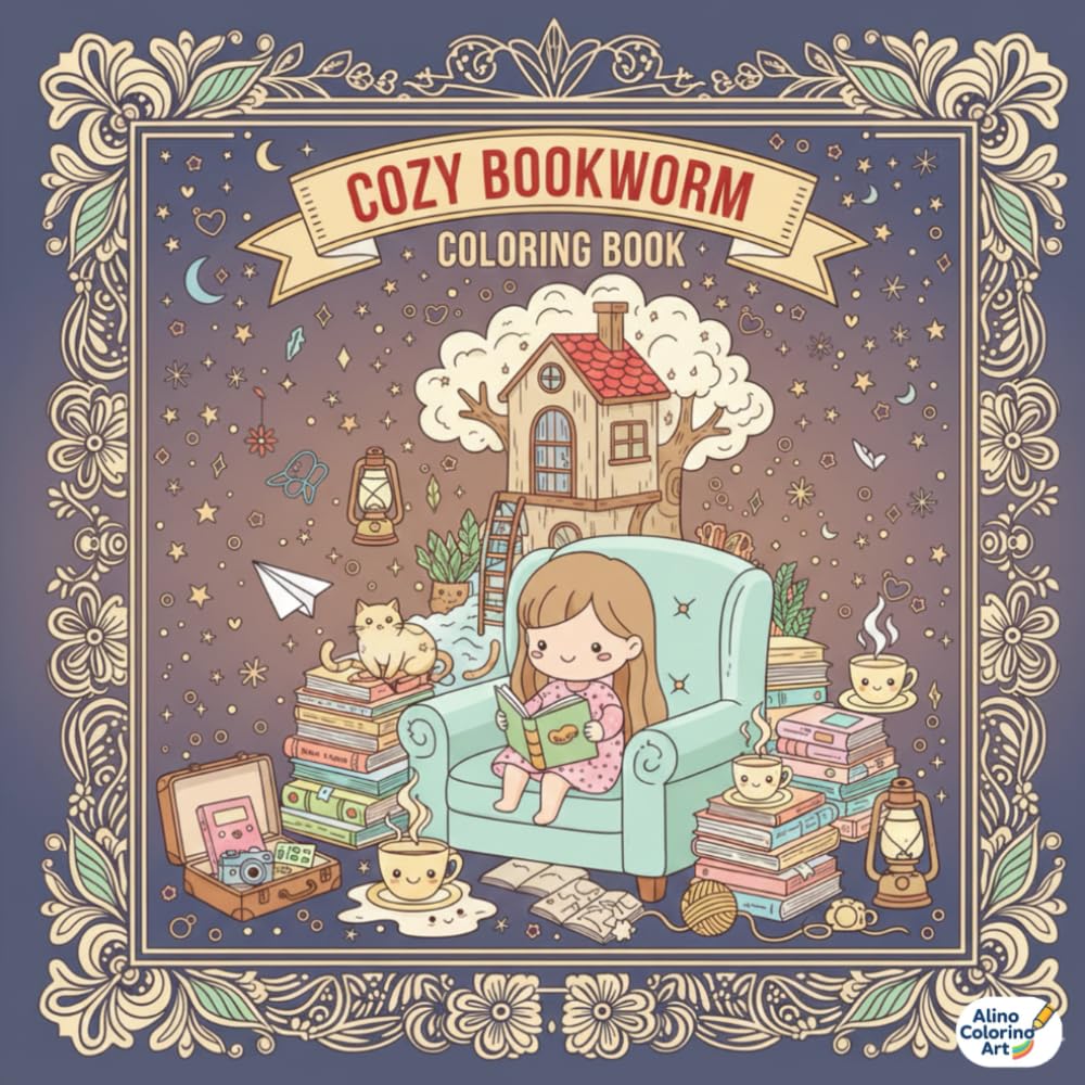 COZY BOOKWORM COLORING BOOK: Kawaii Reading Nooks & Hidden Libraries: Cute Chibi Characters, Tea, Cats, and Relaxing Scenes for Book Lovers and Stress Relief.