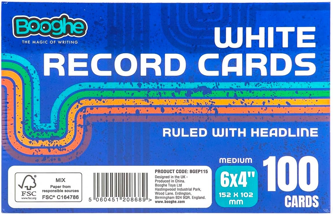 A6 White Record Cards - Ruled with Headline, 100 Cards -(Size 6x4""), BGEP115