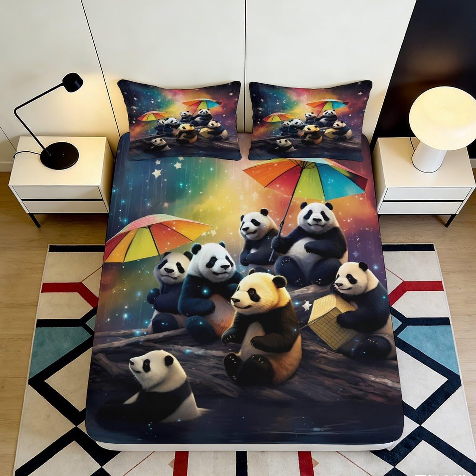 3D Printed Colorful Panda Fitted Sheet Microfiber Soft Bed Cover Rainbow Umbrella Mattress Decor for Bedroom Dorm 90x200x25cm
