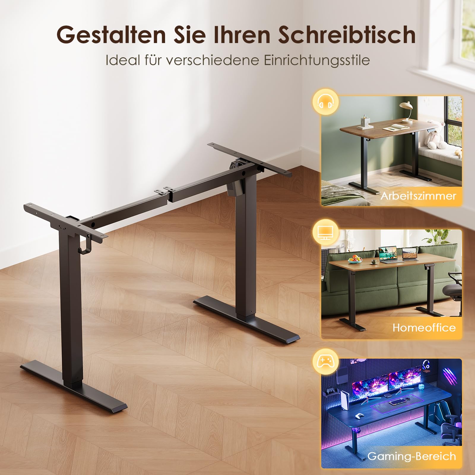 OffiGo Höhenverstellbarer Schreibtisch Gestell, Tischbeine Höhenverstellbar mit 3 Memory-Funktion, Elektrischer Schreibtisch für das 100cm-140cm Tisch, Schwarz