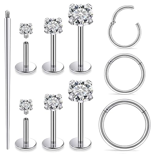 Lsnevsie 18G 16G 14G Internally Threaded Nose Rings Studs Flat Back Stud Earrings 316L Surgical Steel Nose Rings Studs Tragus Helix Conch Cartilage Lobe Earrings Hoop Piercing Jewelry For Women Men - Silver - 14G-(Bar 6/8/10mm)- 2/3/4mm CZ