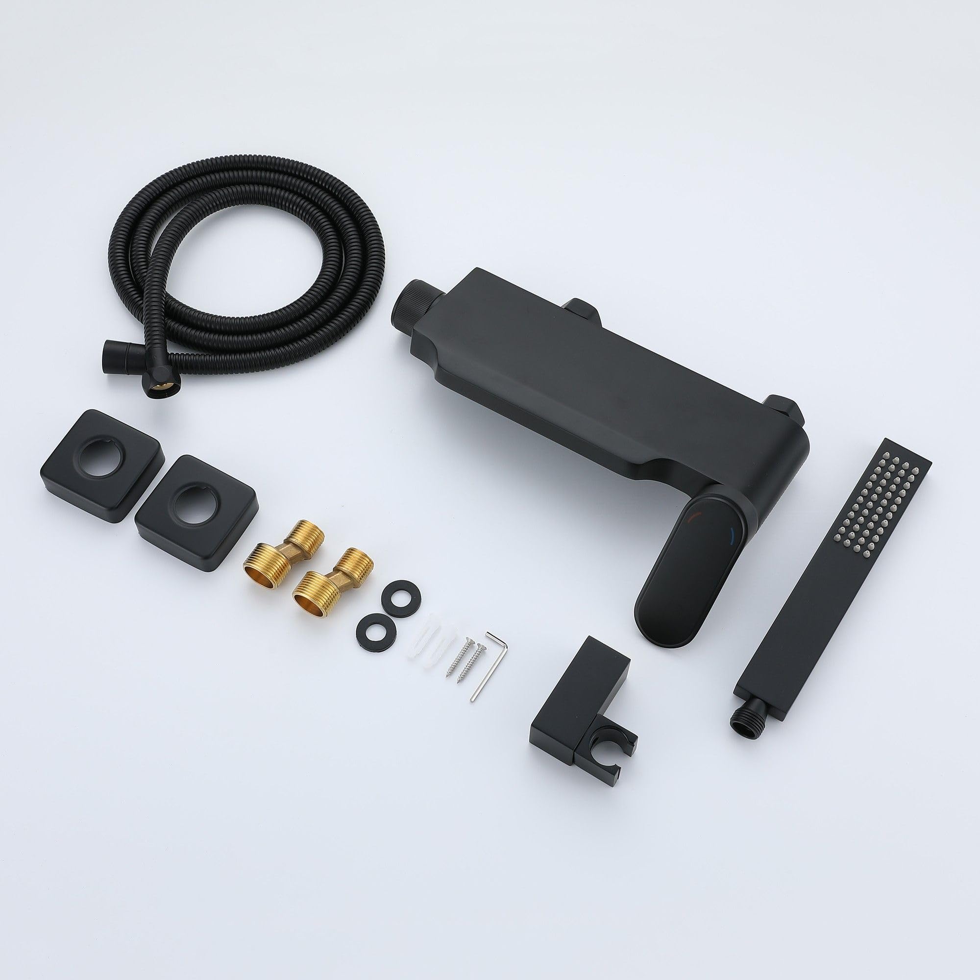 Grifo de Bañera Negro Cascada Con Ducha Monomando, Moderno Montaje en Pared de Latón Con Alcachofa