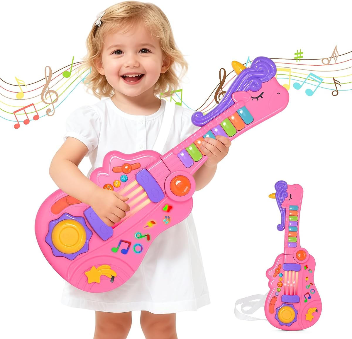Juguetes de guitarra 3 en 1 para niños, juguete musical eléctrico con tambor de piano | Juguetes musicales con correa iluminada, juguetes para niños pequeños de 3, 4 y 5 años, regalos para niñas