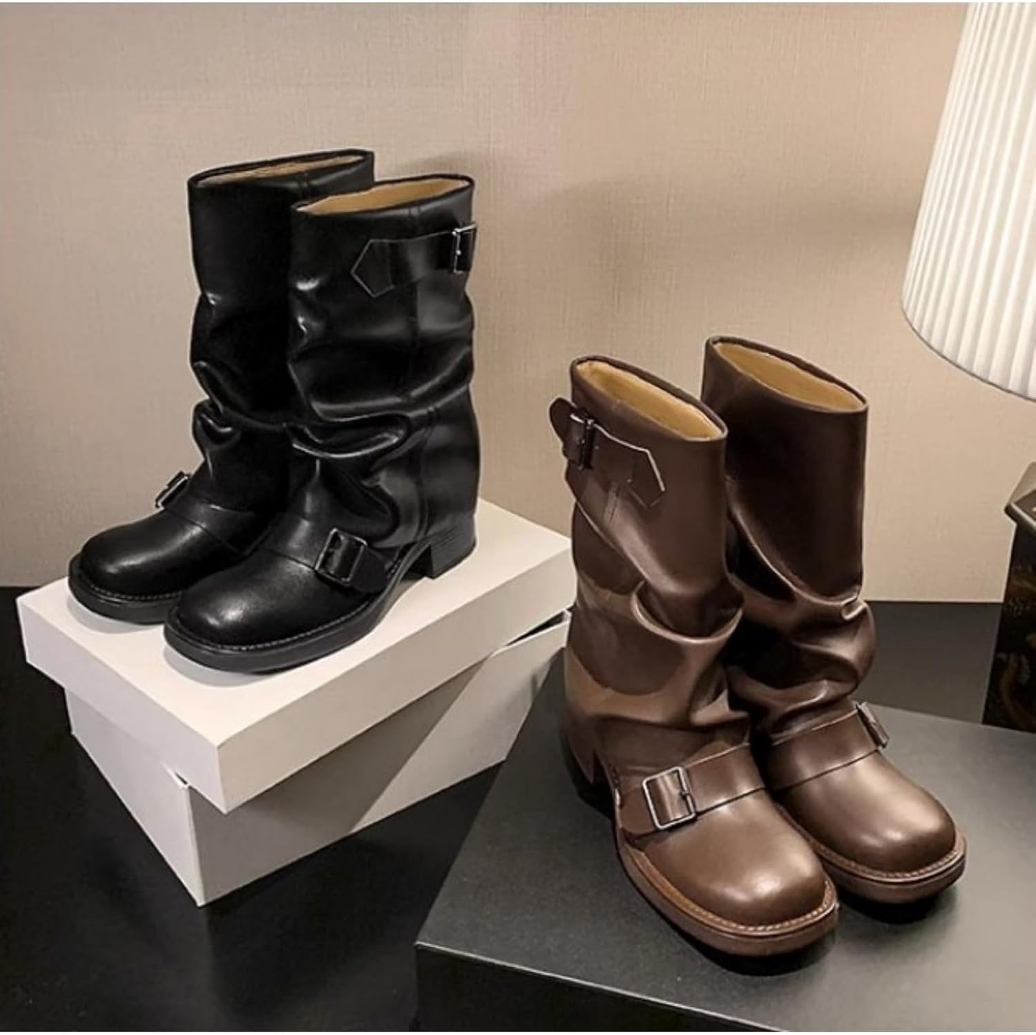 Winter Boots for Women French Vintage Western High Heeled Stacked Pleated Mid Calf