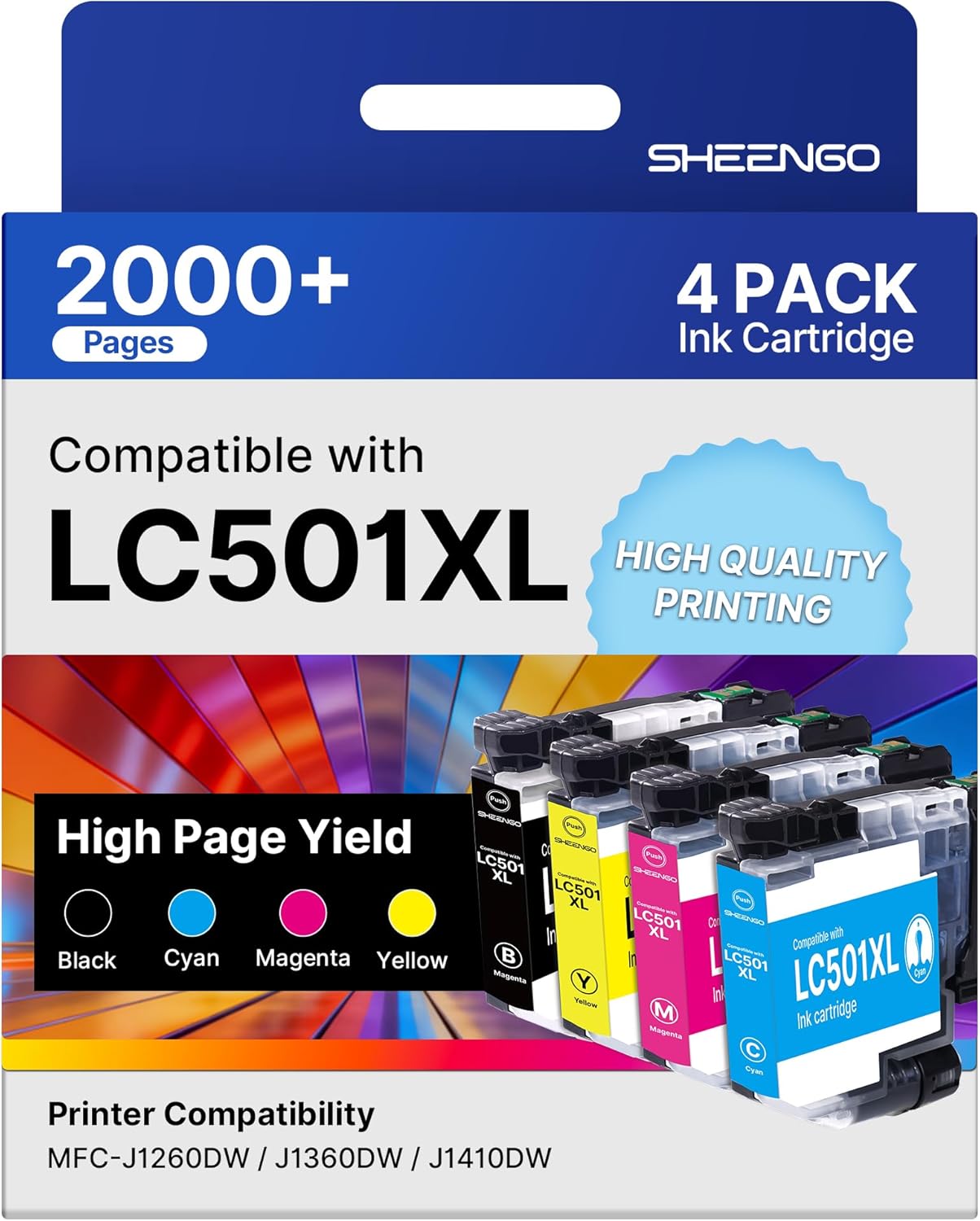 SHEENGO LC501XL Ink Cartridges High Yield Compatible for Brother LC501XL LC501 Ink Cartridges LC501 XL use for Brother Printer MFC-J1360DW MFC-J1410DW MFC-J1260W (Black Cyan Magenta Yellow, 4Pack)