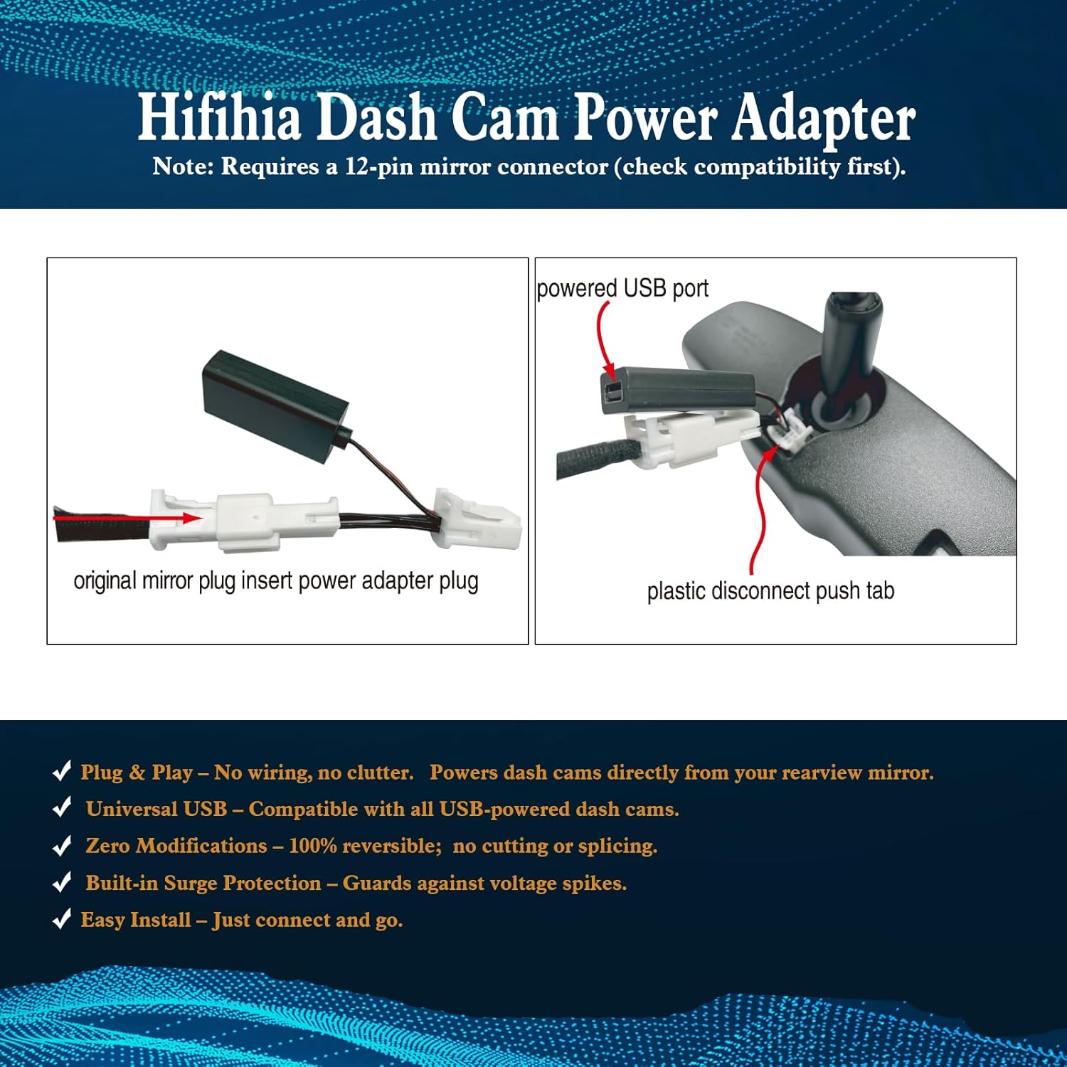 Plug & Play Dash Cam Power Adapter (12-pin Type A) for Toyota Tacoma (2015-2023), Select Highlander, Tundra, Sienna; Honda Ridgeline. Connects to Rear View Mirror Plug