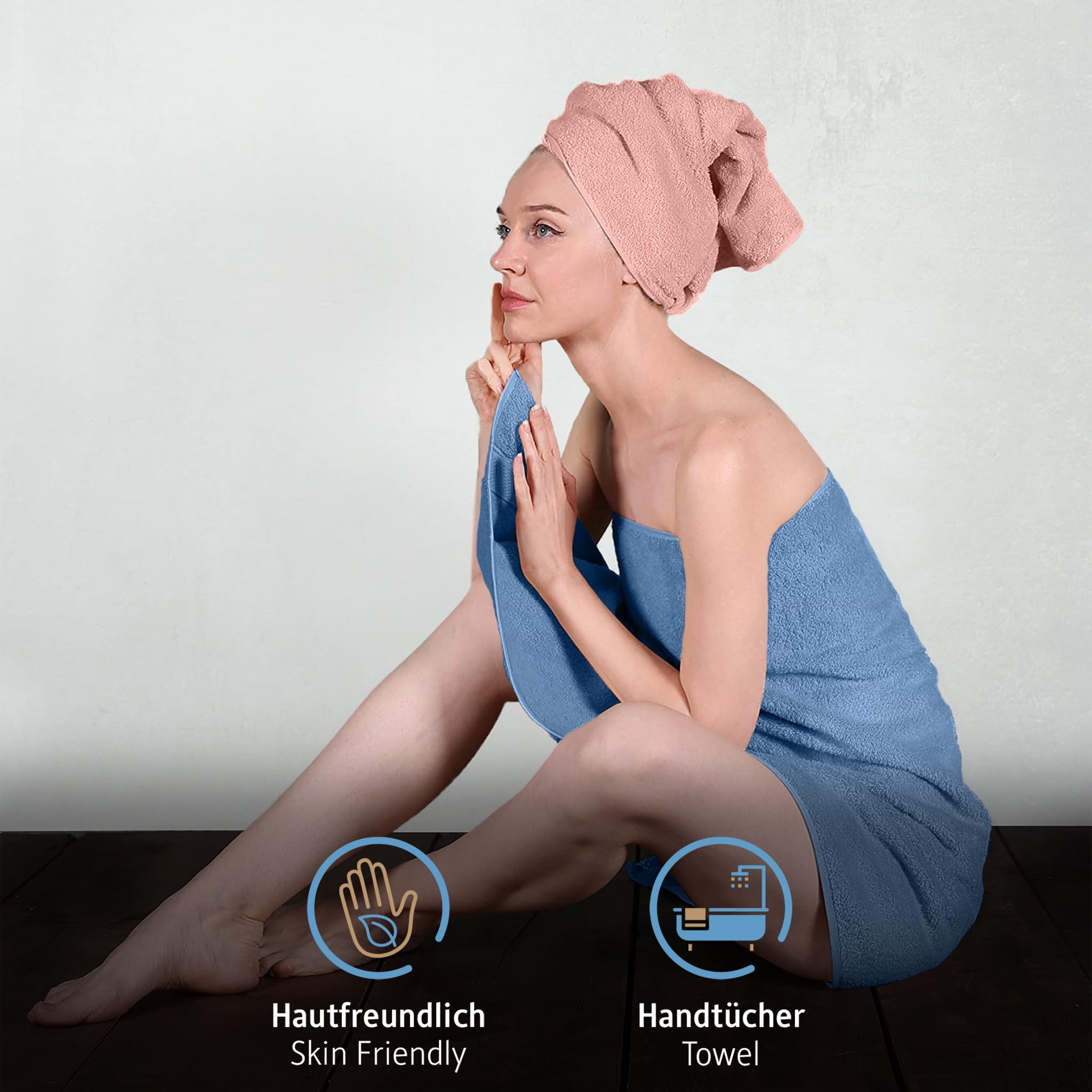 Komfortec 4er Duschtücher 70x140 cm Set aus 100% Baumwolle, 470g/m², Frottee, Weich, Rosa/Hellblau