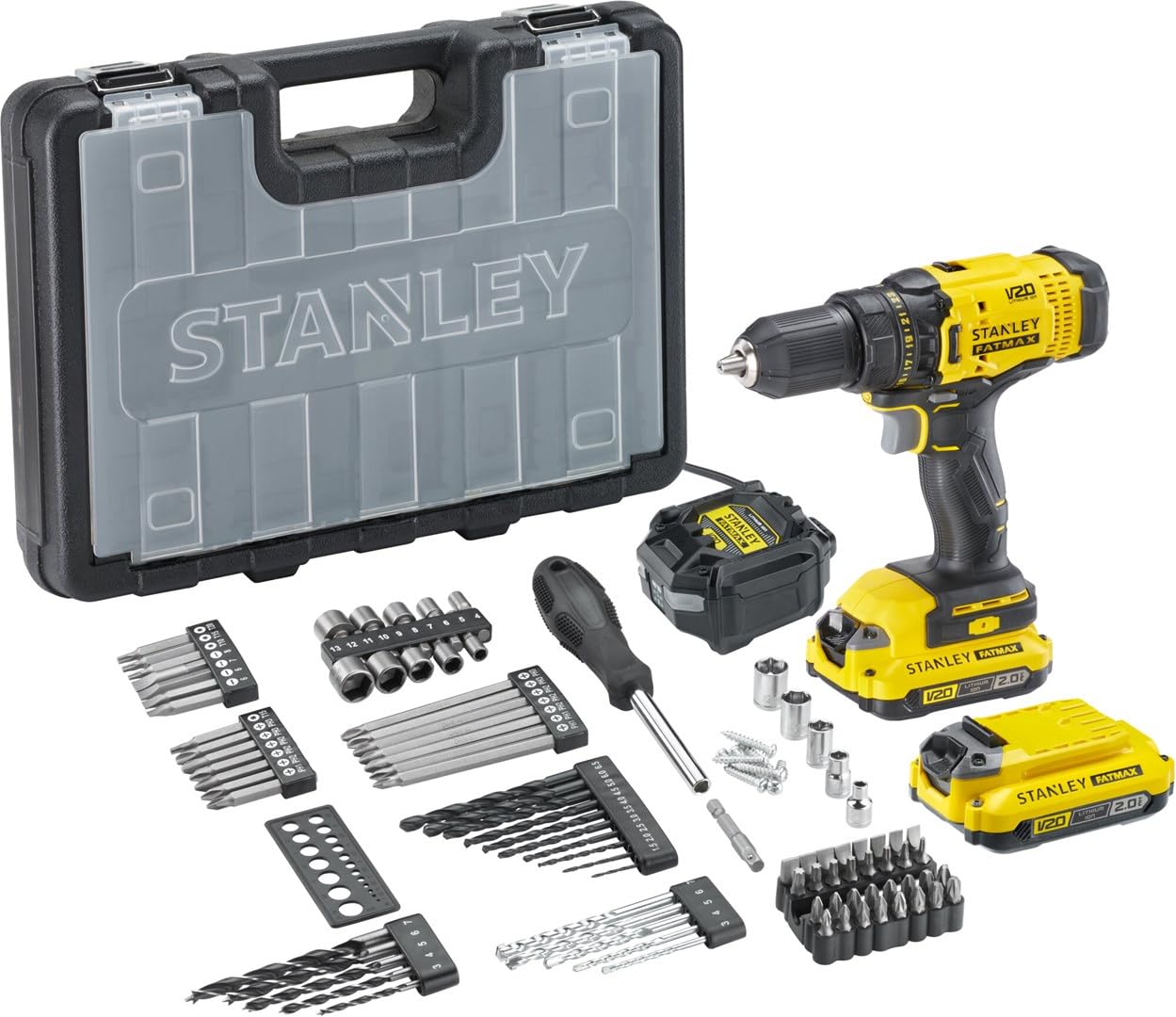 Stanley FatMax V20 Trapano Avvitatore 18V con 2 Batterie Litio 2Ah Con 100 Accessori SFMCD700D2A-QW