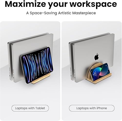 Miniatura 7 de Kothar Soporte vertical de madera prémium para laptop, soporte de bambú ajustable de doble ranura para MacBook, Dell, HP y más  Organizador de