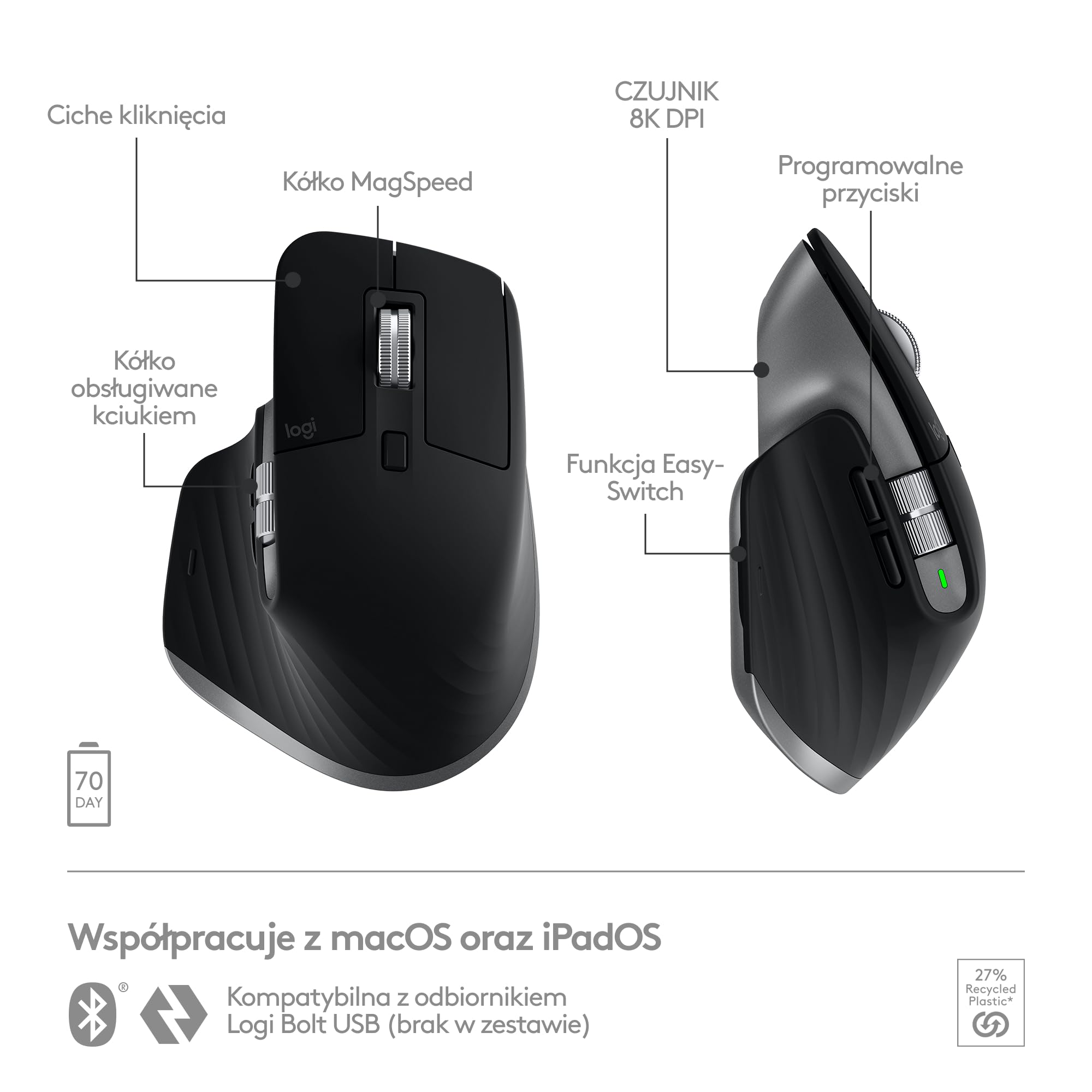 Logitech MX Master 3S Mac - ergonomiczna mysz bezprzewodowa | 8K DPI, działa na szkle, ciche kliknięcia, konfigurowalna, USB-C, Bluetooth, Apple, iPad - Space Grey