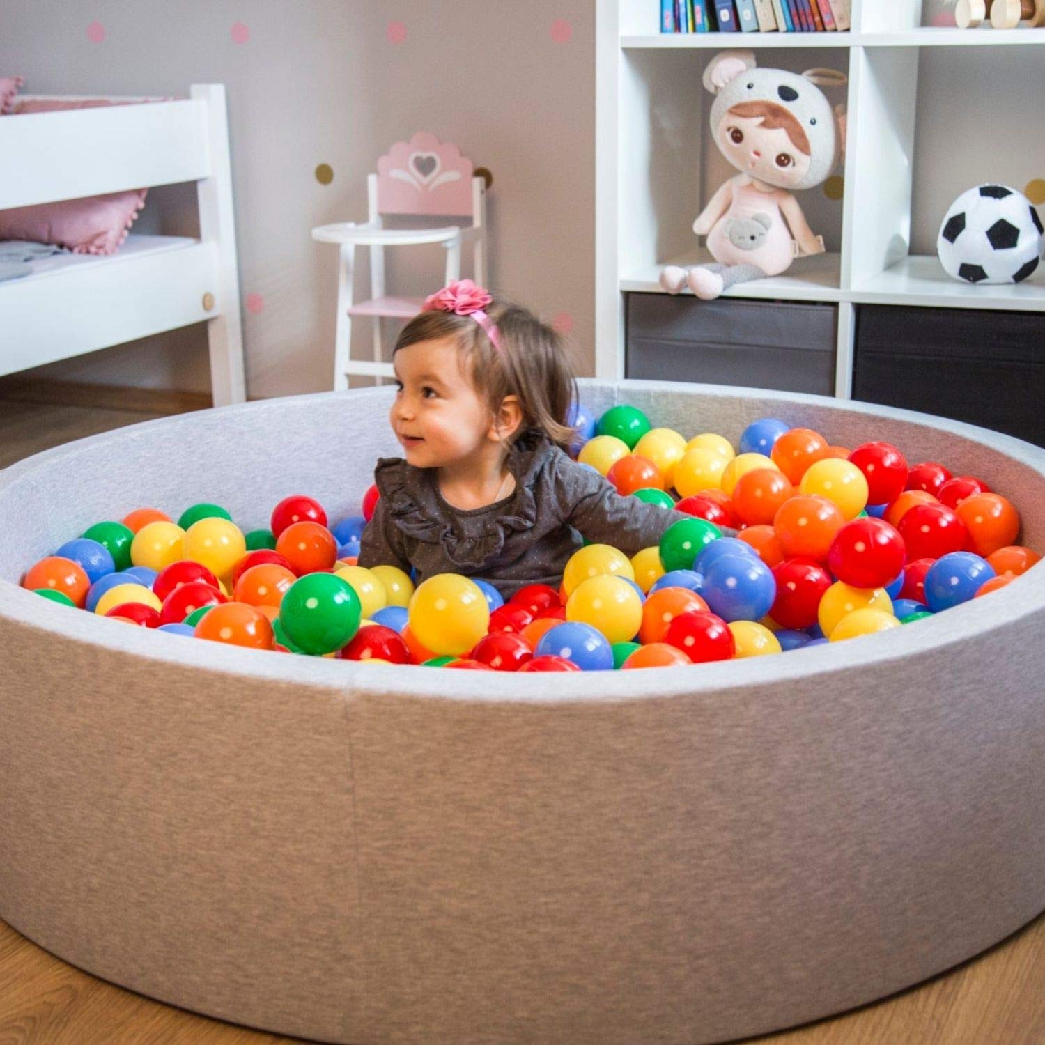 KiddyMoon Piscina De Bolas 120X30cm/200 Bolas Redondo Grande para Ninos,Hecha En La UE, Gris Claro:Amarillo/Verde/Azul/Rojo/Naranja
