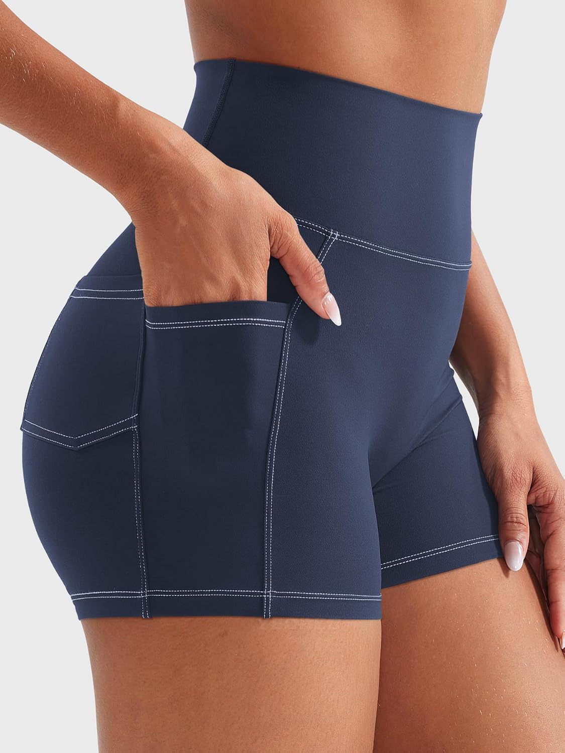 YEOREO CoreFlex Women Workout Shorts with Cargo Pockets Hidden Scrunch Butt Lifting Denim-Look Gym Shorts - Image 2