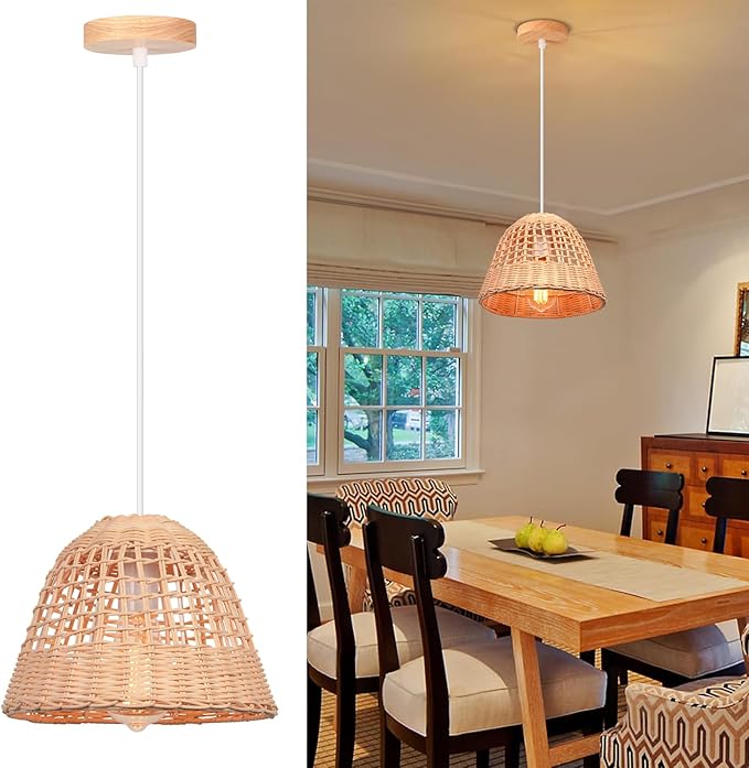 LIGKIN 2 stuks bamboo geweven kroonluchter rotan boho stijl, vintage plafondlamp voor restaurant, keuken en woonkamer photo 3