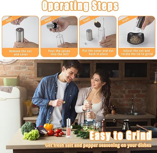 Miniatura 6 de Haomacro - Juego de molinillo de sal y pimienta acrílico, molinillo de sal marina recargable, molinillo de pimienta manual de 2 piezas, mezcladores