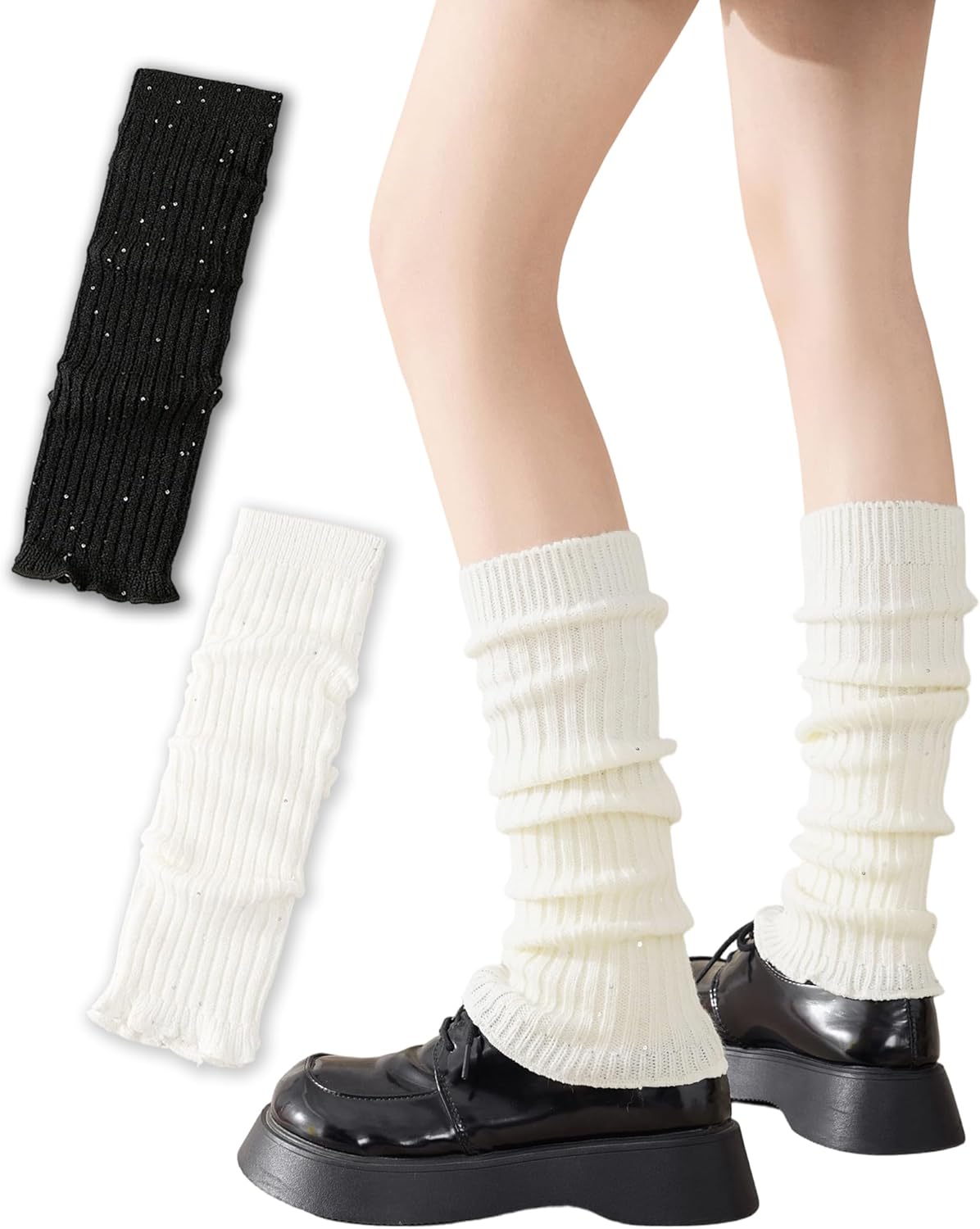 QKURT 2 paar lange beenwarmers, gebreide thermische winterbeenwarmers, punk-kniekousen, laars-manchetwarmers voor dames en meisjes, grijs, wit, Eén maat