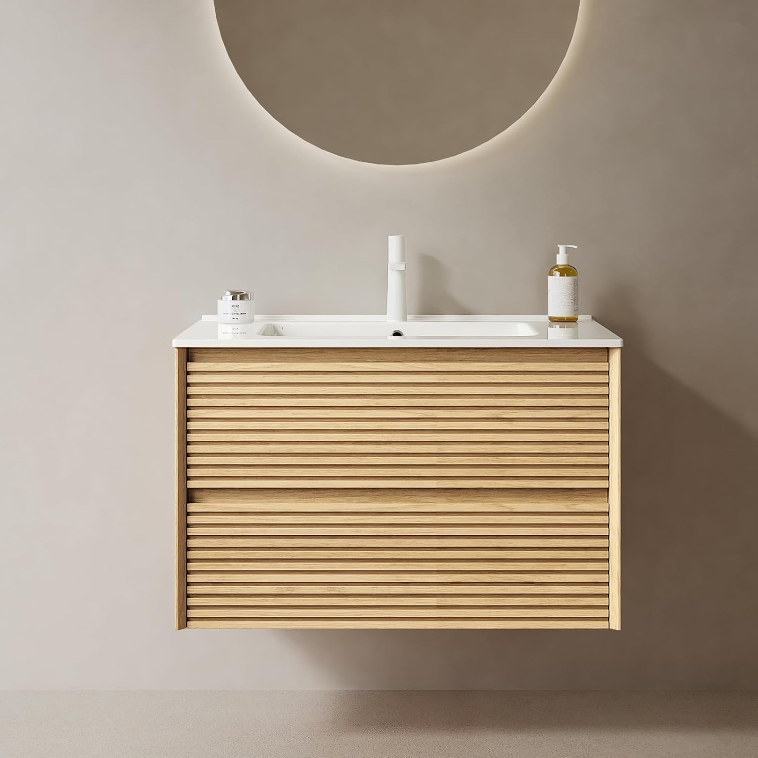 Floating Bathroom Vanity with Sink 30 Inch, Nature Solid Wood Surface Wall Mounted Bathroom Storage Cabinet with 2 Drawers, with Sink Hole Cover and Drain, Pre-Assembled, Corolla Oak
